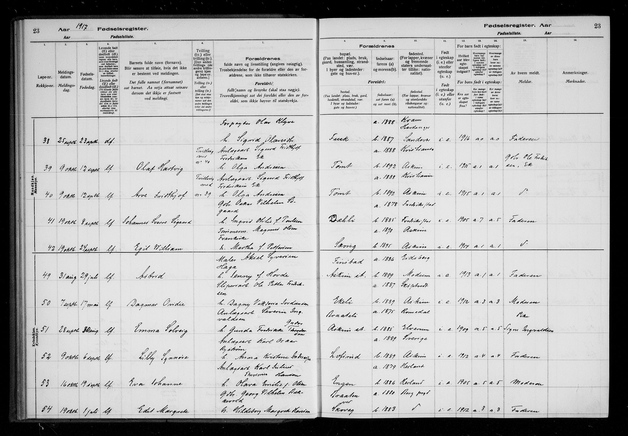 Askim prestekontor Kirkebøker, AV/SAO-A-10900/J/Ja/L0001: Birth register no. 1, 1916-1929, p. 23