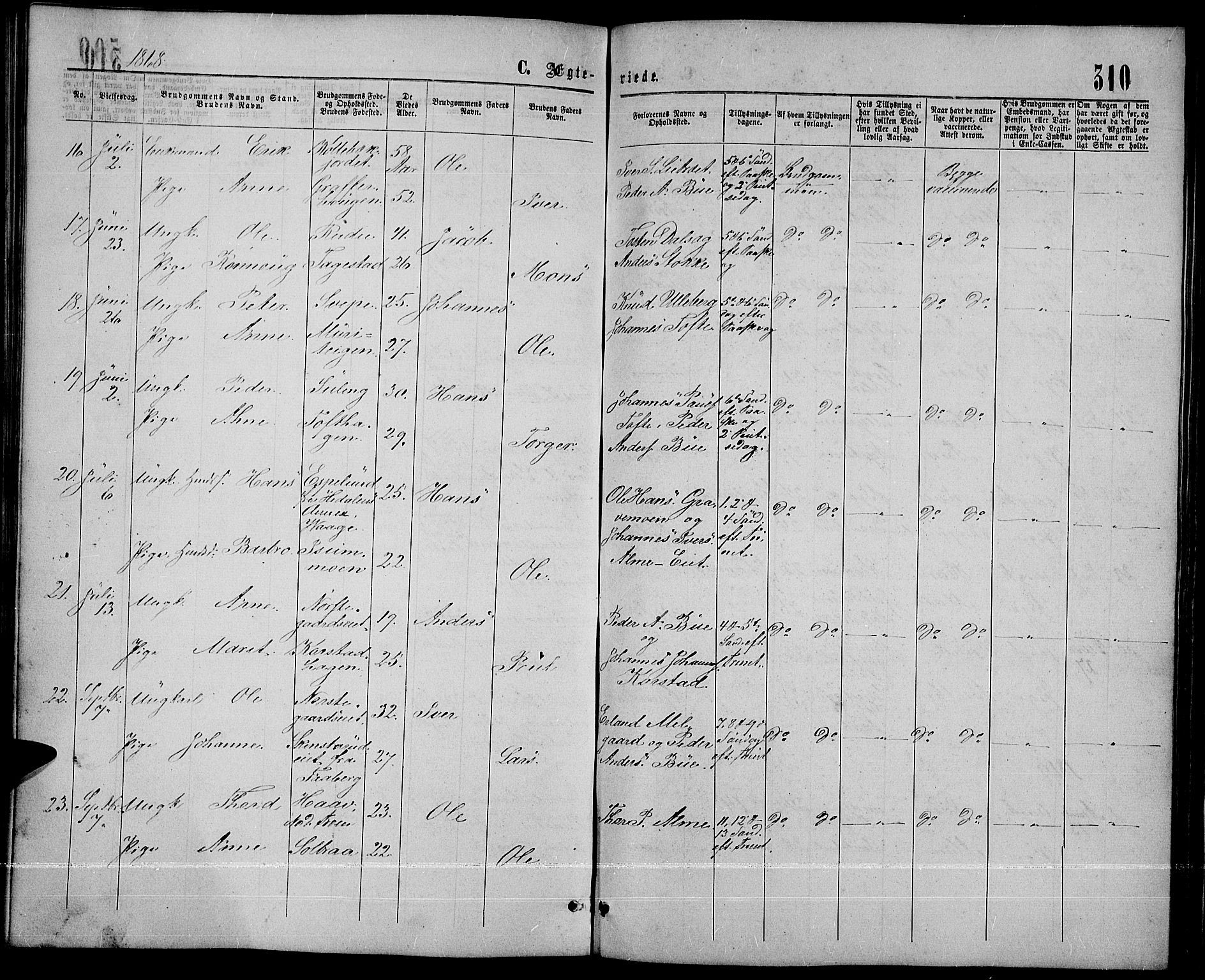 Sør-Fron prestekontor, SAH/PREST-010/H/Ha/Hab/L0002: Parish register (copy) no. 2, 1864-1883, p. 310