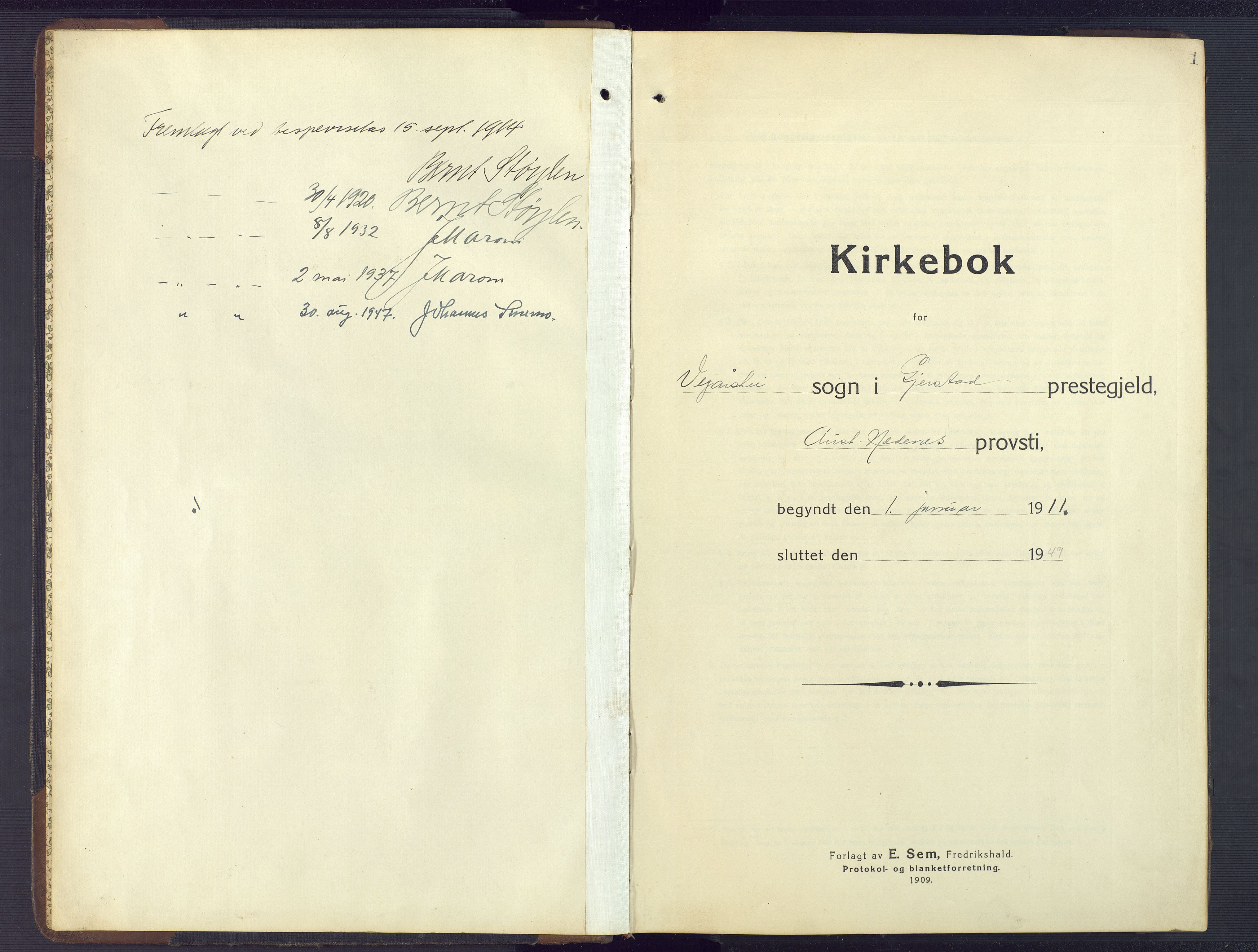 Gjerstad sokneprestkontor, AV/SAK-1111-0014/F/Fb/Fbb/L0005: Parish register (copy) no. B 5, 1911-1949, p. 1