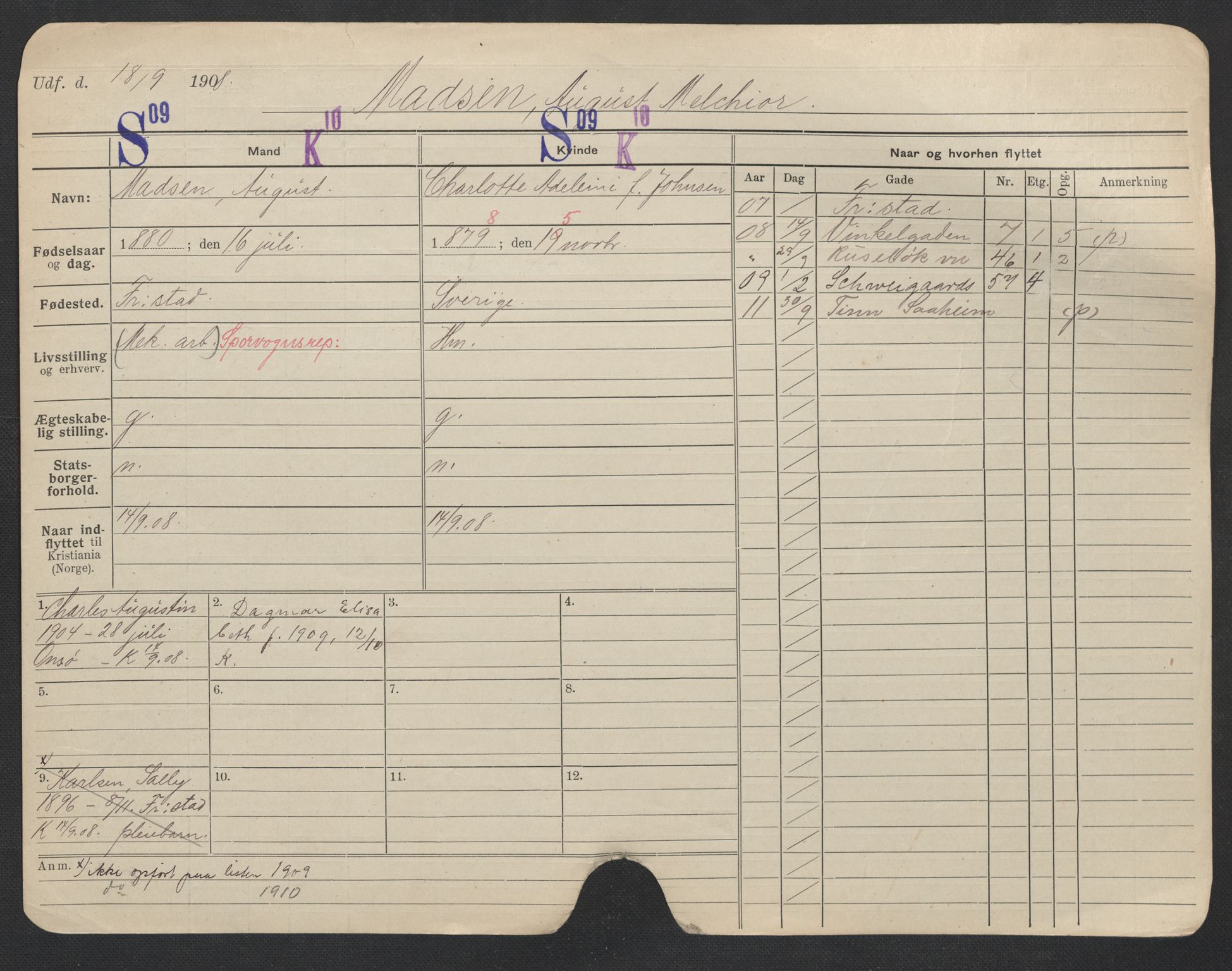 Oslo folkeregister, Registerkort, SAO/A-11715/F/Fa/Fac/L0007: Menn, 1906-1914, p. 451a