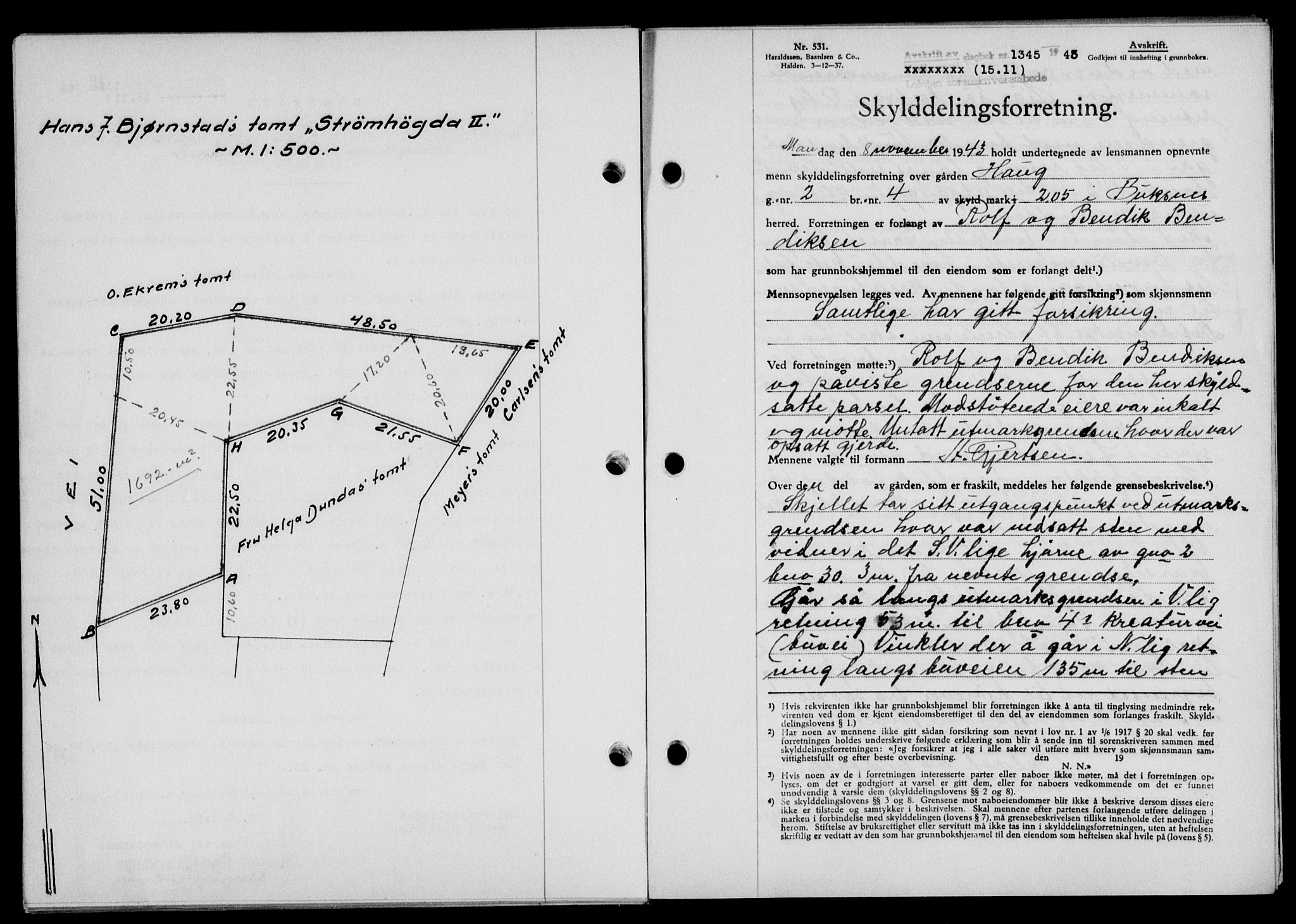 Lofoten sorenskriveri, SAT/A-0017/1/2/2C/L0011a: Mortgage book no. 11a, 1943-1943, Diary no: : 1345/1943