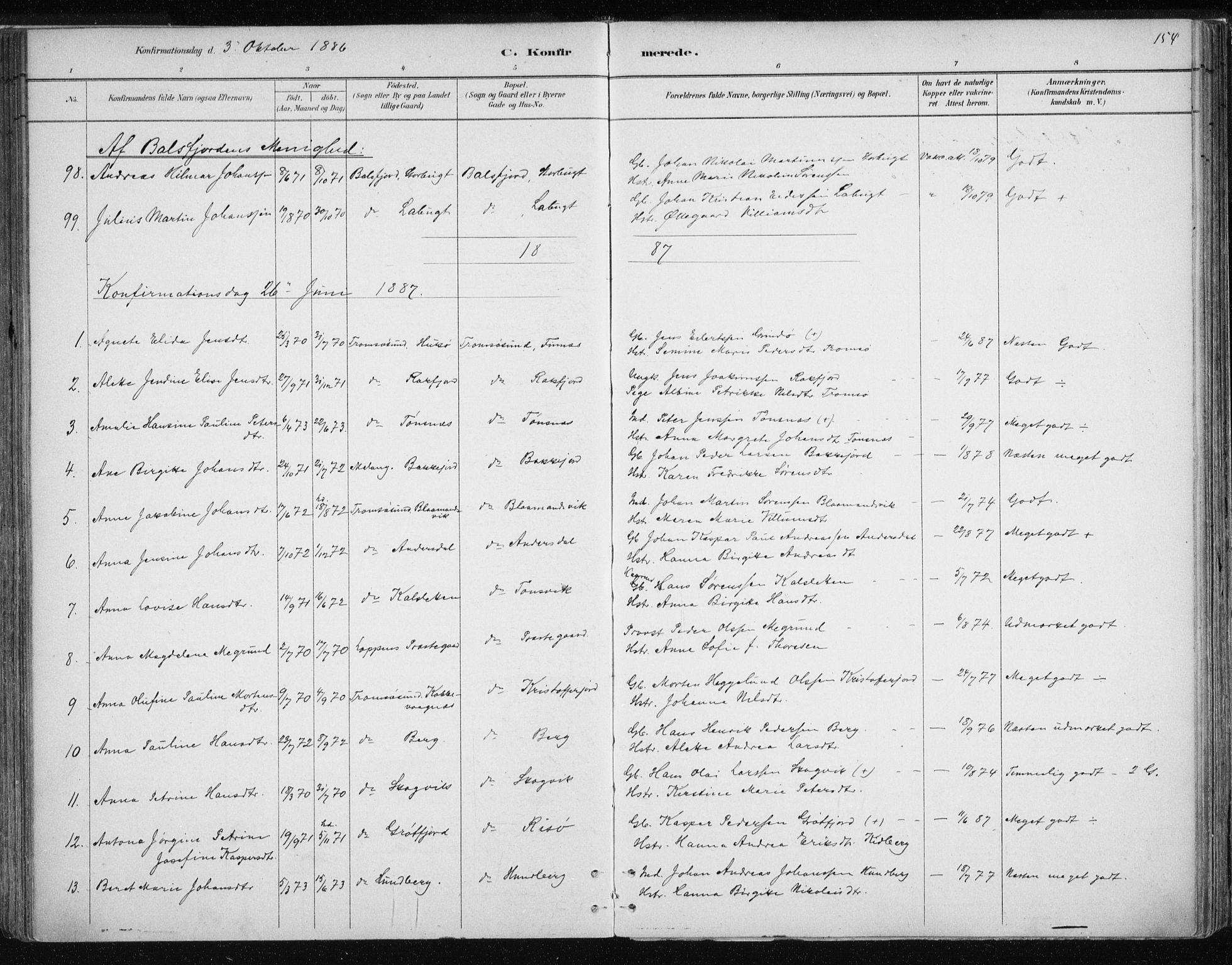 Tromsøysund sokneprestkontor, SATØ/S-1304/G/Ga/L0004kirke: Parish register (official) no. 4, 1880-1888, p. 154