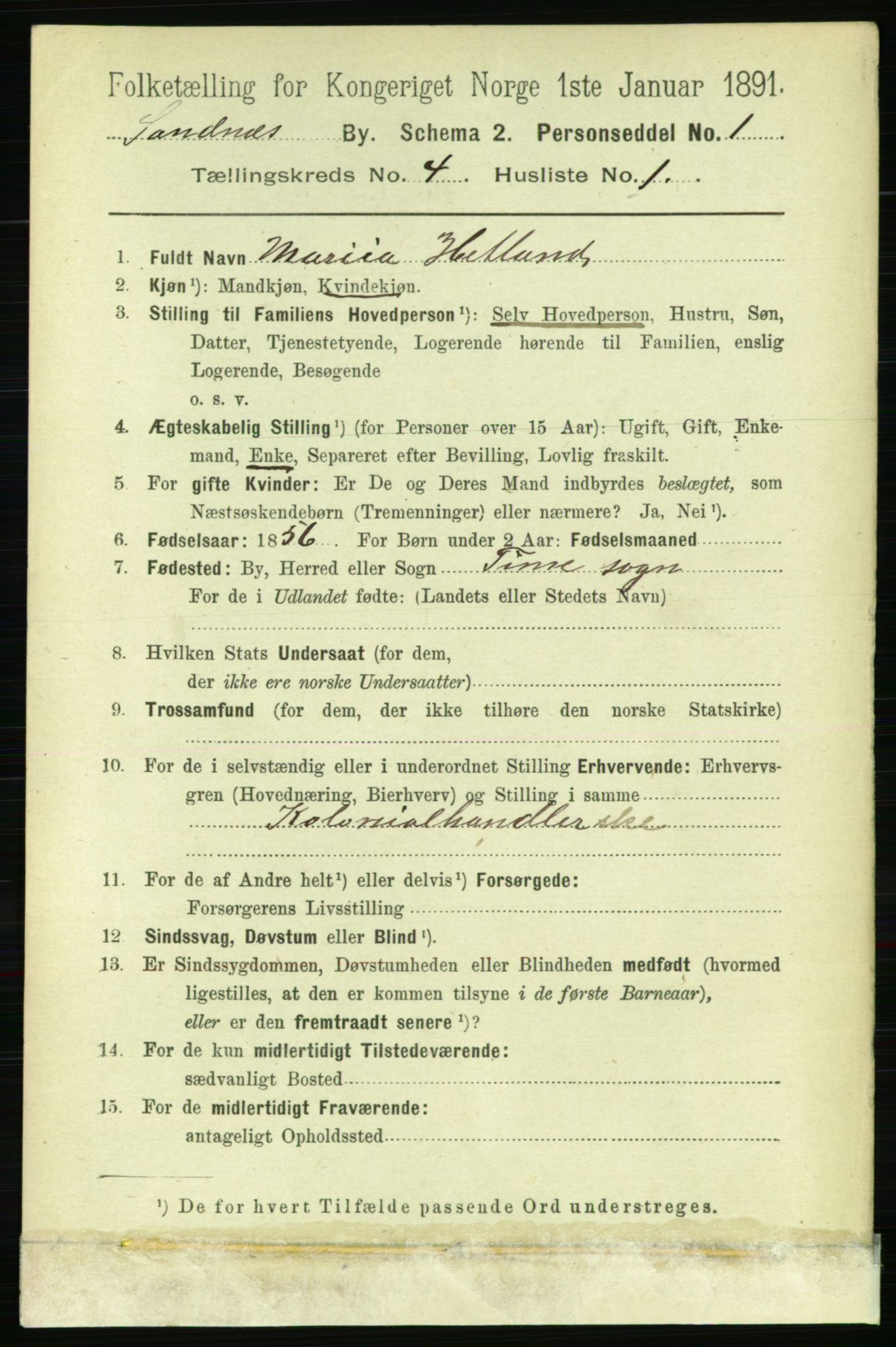 RA, 1891 census for 1102 Sandnes, 1891, p. 1740