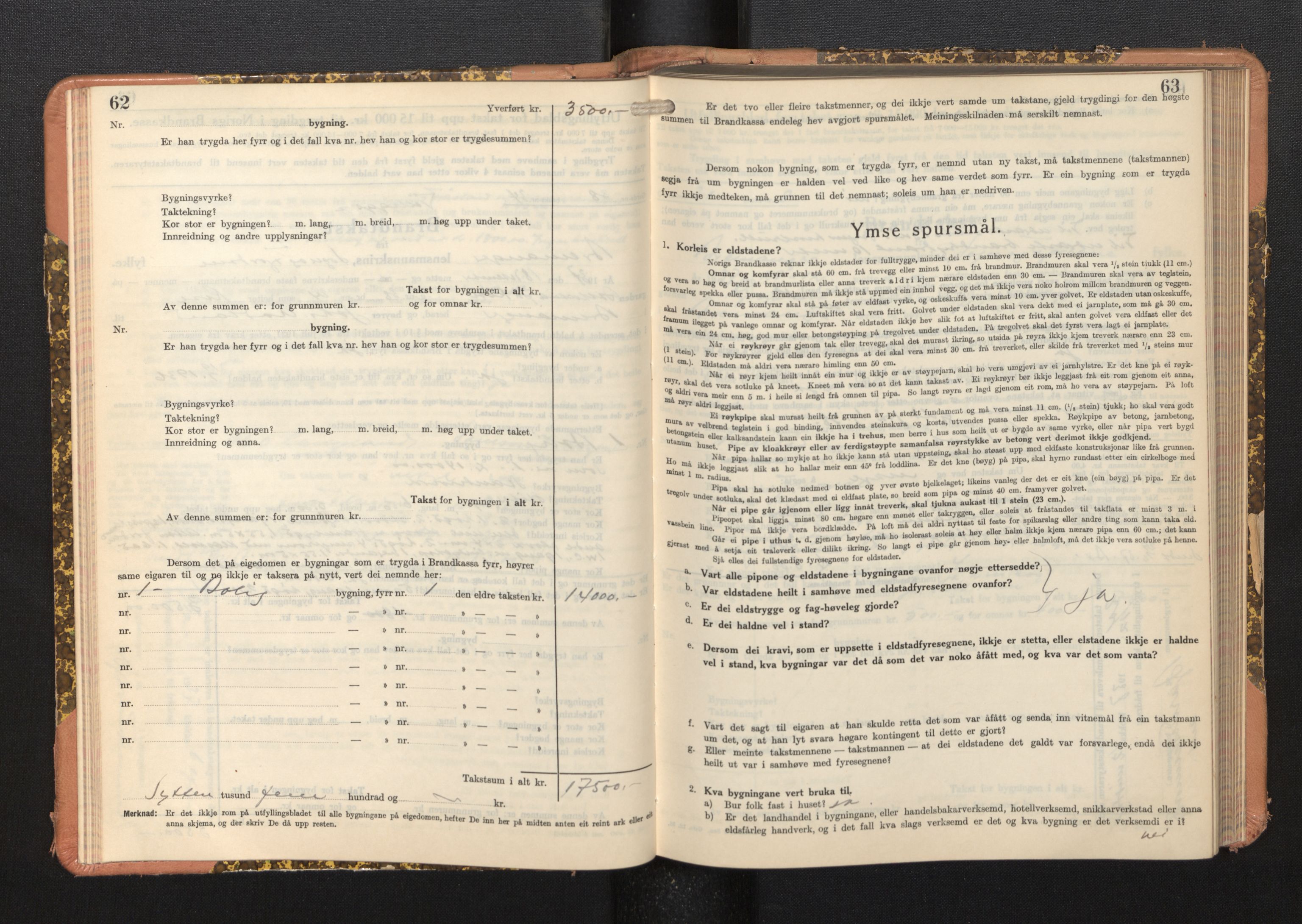 Lensmannen i Bremanger, AV/SAB-A-26701/0012/L0008: Branntakstprotokoll, skjematakst, 1937-1942, p. 62-63