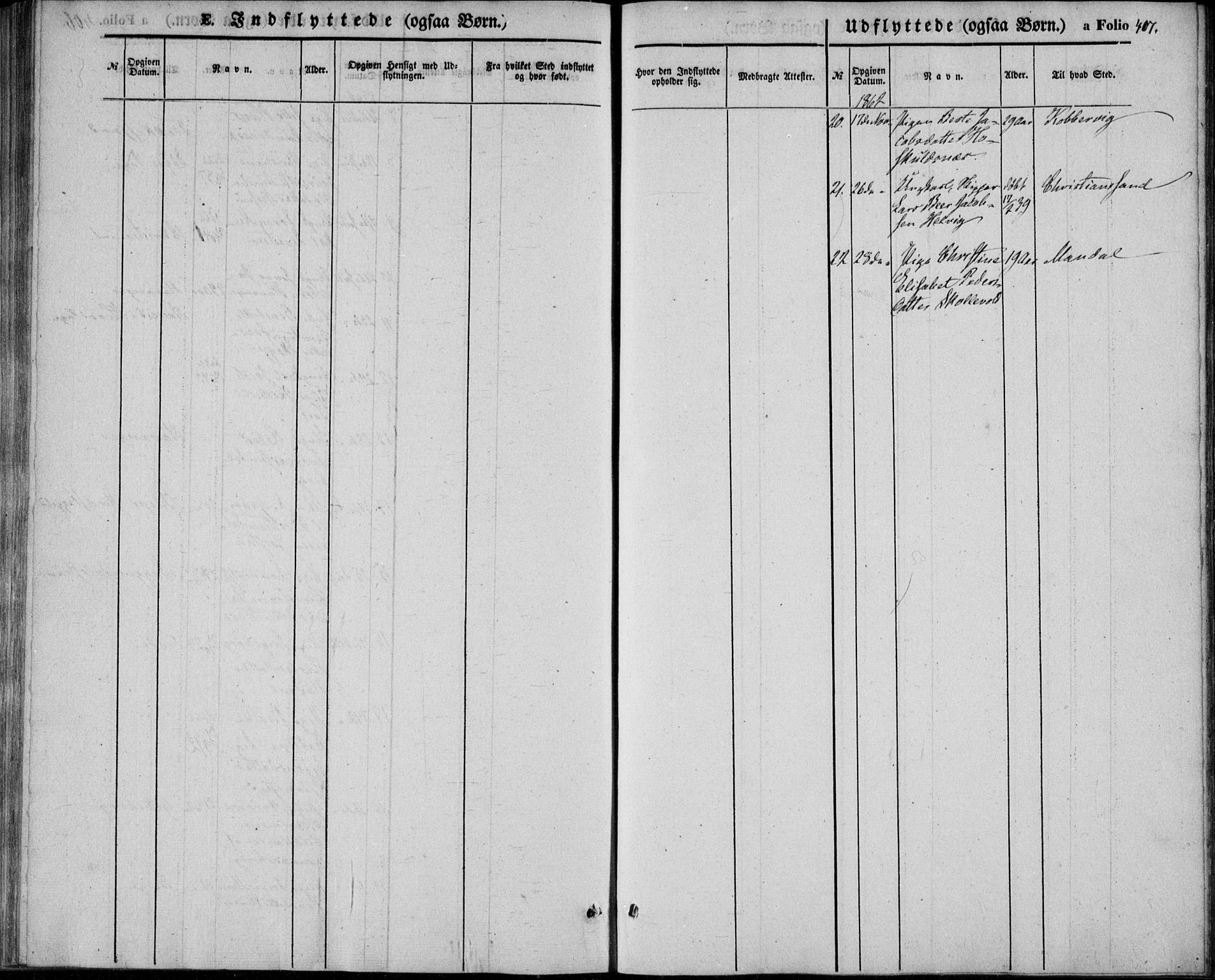 Lista sokneprestkontor, AV/SAK-1111-0027/F/Fb/L0002: Parish register (copy) no. B 2, 1847-1862, p. 407