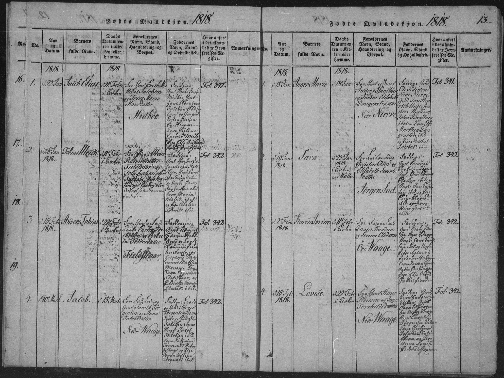 Sør-Audnedal sokneprestkontor, SAK/1111-0039/F/Fa/Faa/L0001: Parish register (official) no. A 1, 1816-1848, p. 13