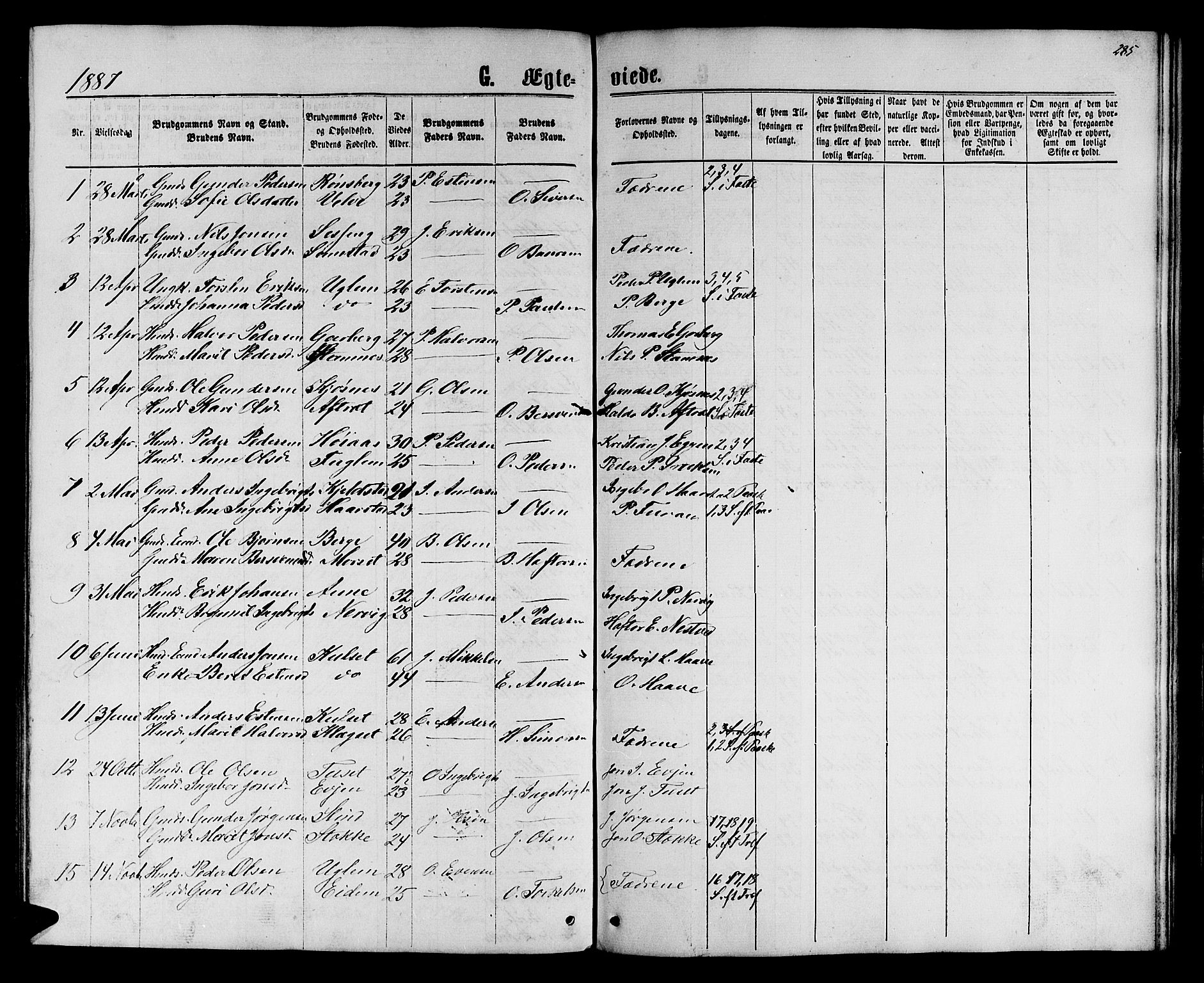 Ministerialprotokoller, klokkerbøker og fødselsregistre - Sør-Trøndelag, SAT/A-1456/695/L1156: Parish register (copy) no. 695C07, 1869-1888, p. 285