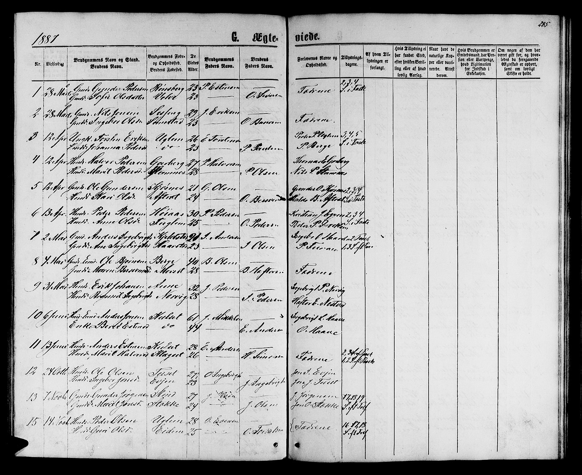 Ministerialprotokoller, klokkerbøker og fødselsregistre - Sør-Trøndelag, AV/SAT-A-1456/695/L1156: Parish register (copy) no. 695C07, 1869-1888, p. 285