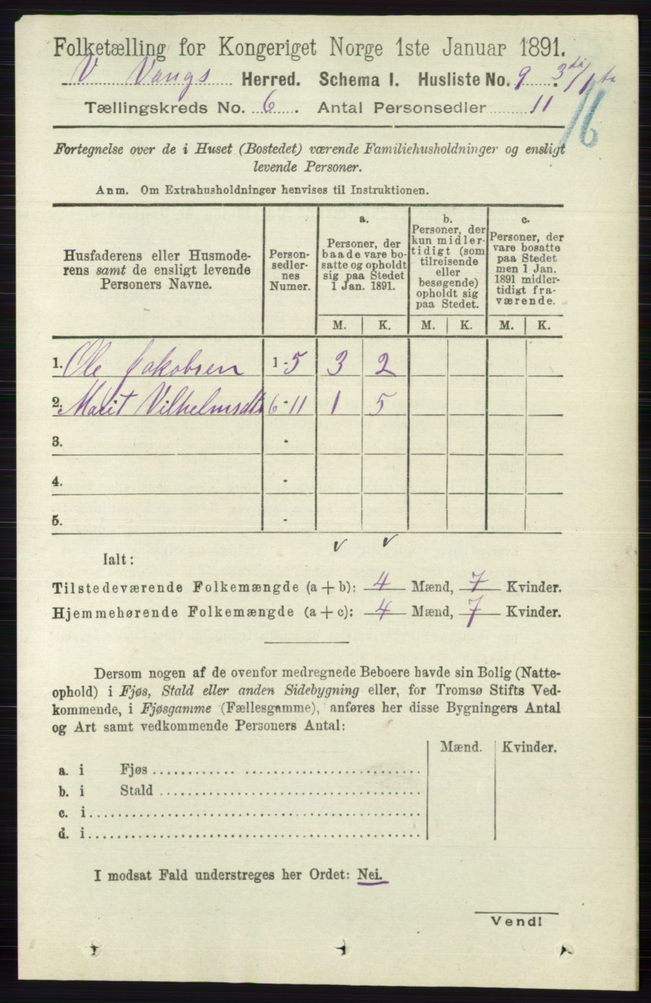 RA, 1891 census for 0545 Vang, 1891, p. 1237