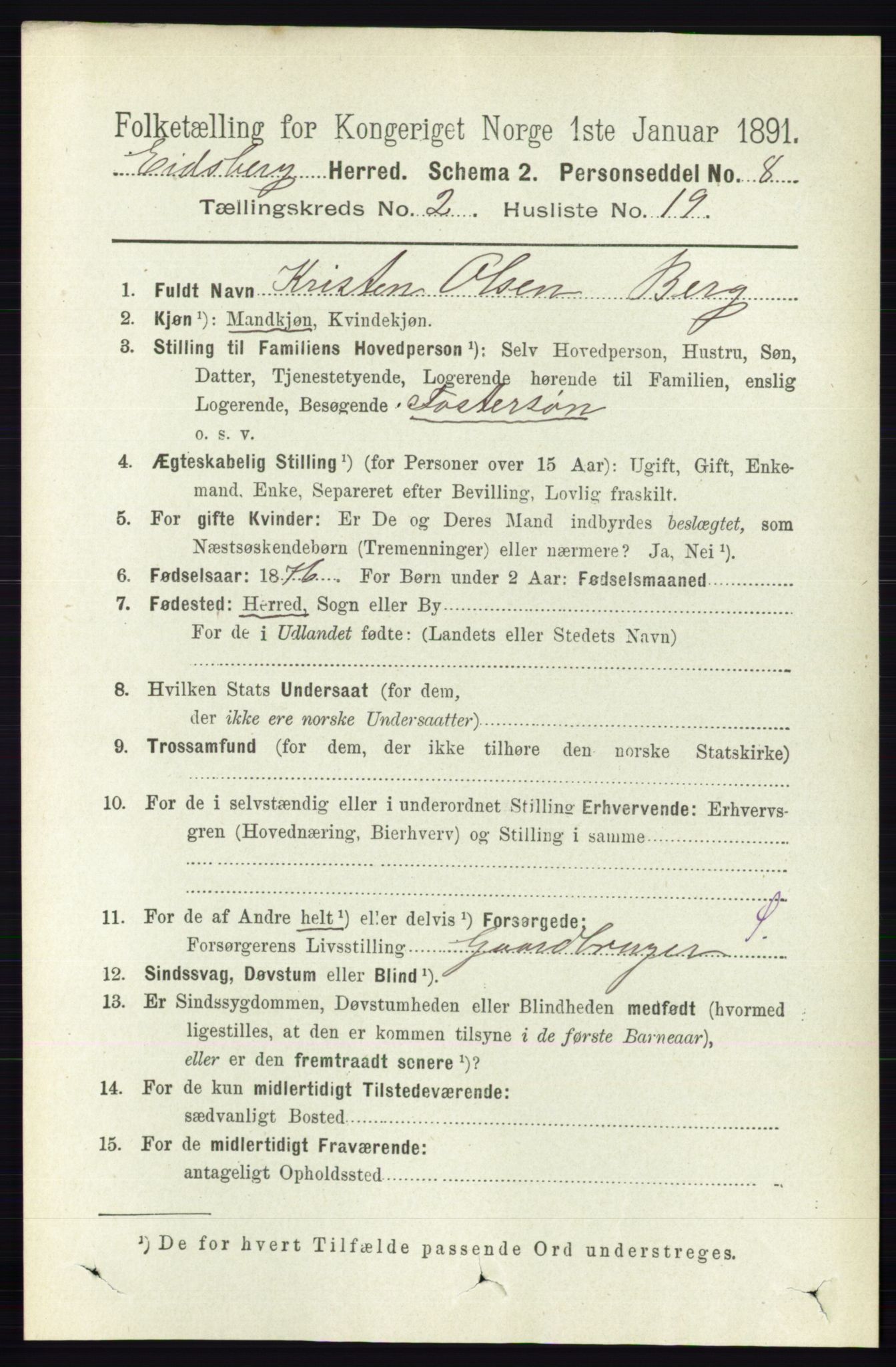 RA, 1891 census for 0125 Eidsberg, 1891, p. 945