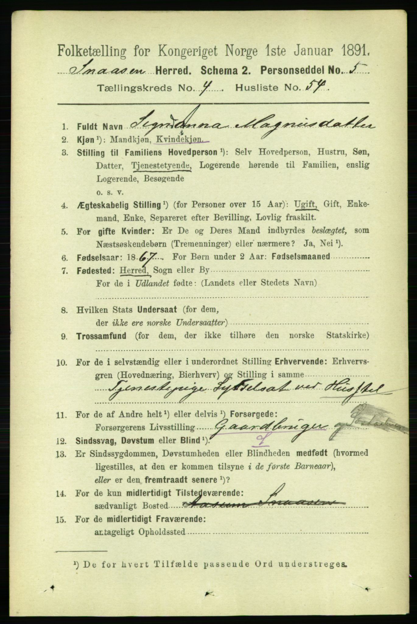 RA, 1891 census for 1736 Snåsa, 1891, p. 1407