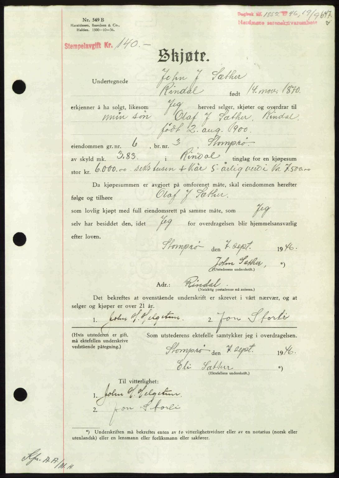 Nordmøre sorenskriveri, AV/SAT-A-4132/1/2/2Ca: Mortgage book no. A102, 1946-1946, Diary no: : 1852/1946