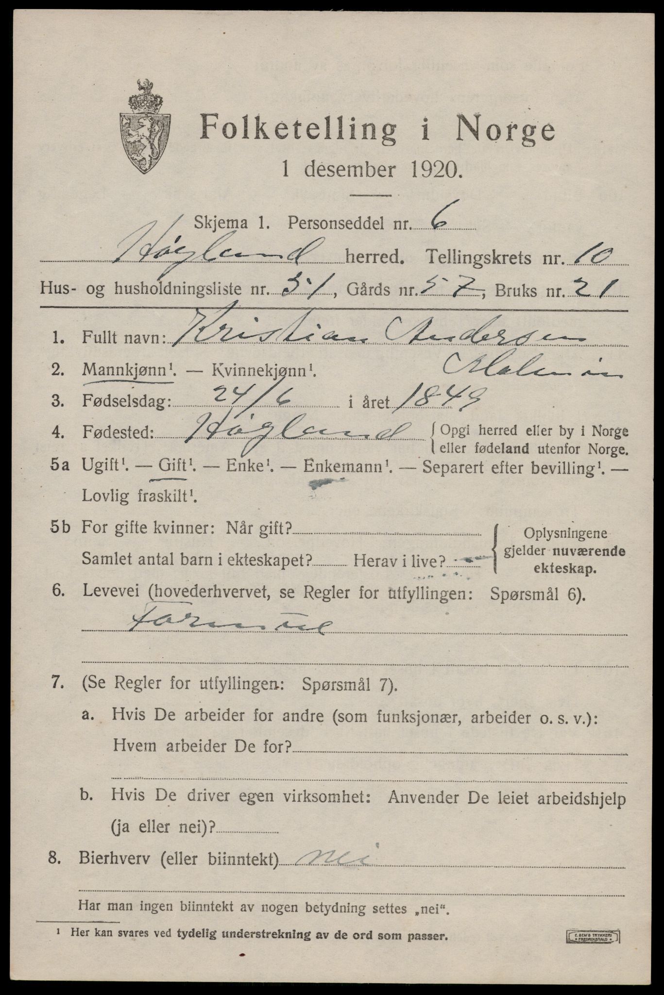 SAST, 1920 census for Høyland, 1920, p. 7834