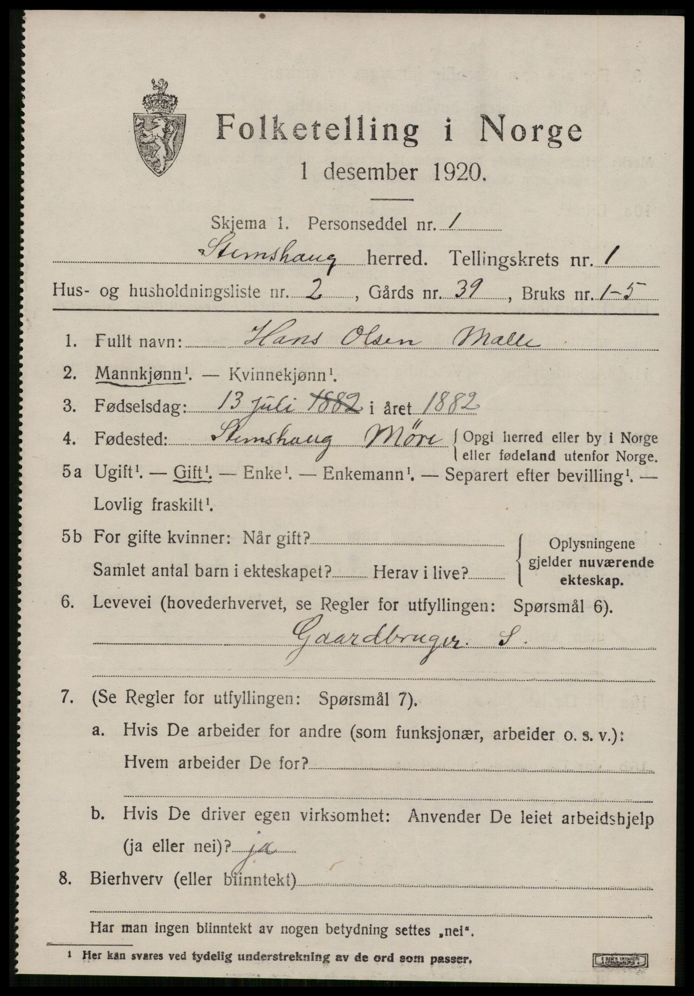 SAT, 1920 census for Stemshaug, 1920, p. 328