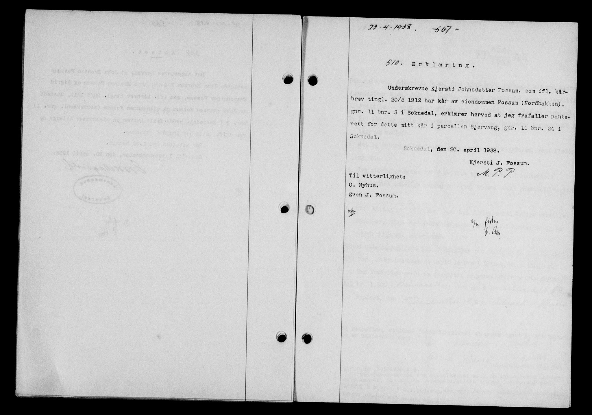 Gauldal sorenskriveri, SAT/A-0014/1/2/2C/L0048: Mortgage book no. 51-52, 1937-1938, p. 567, Diary no: : 510/1938