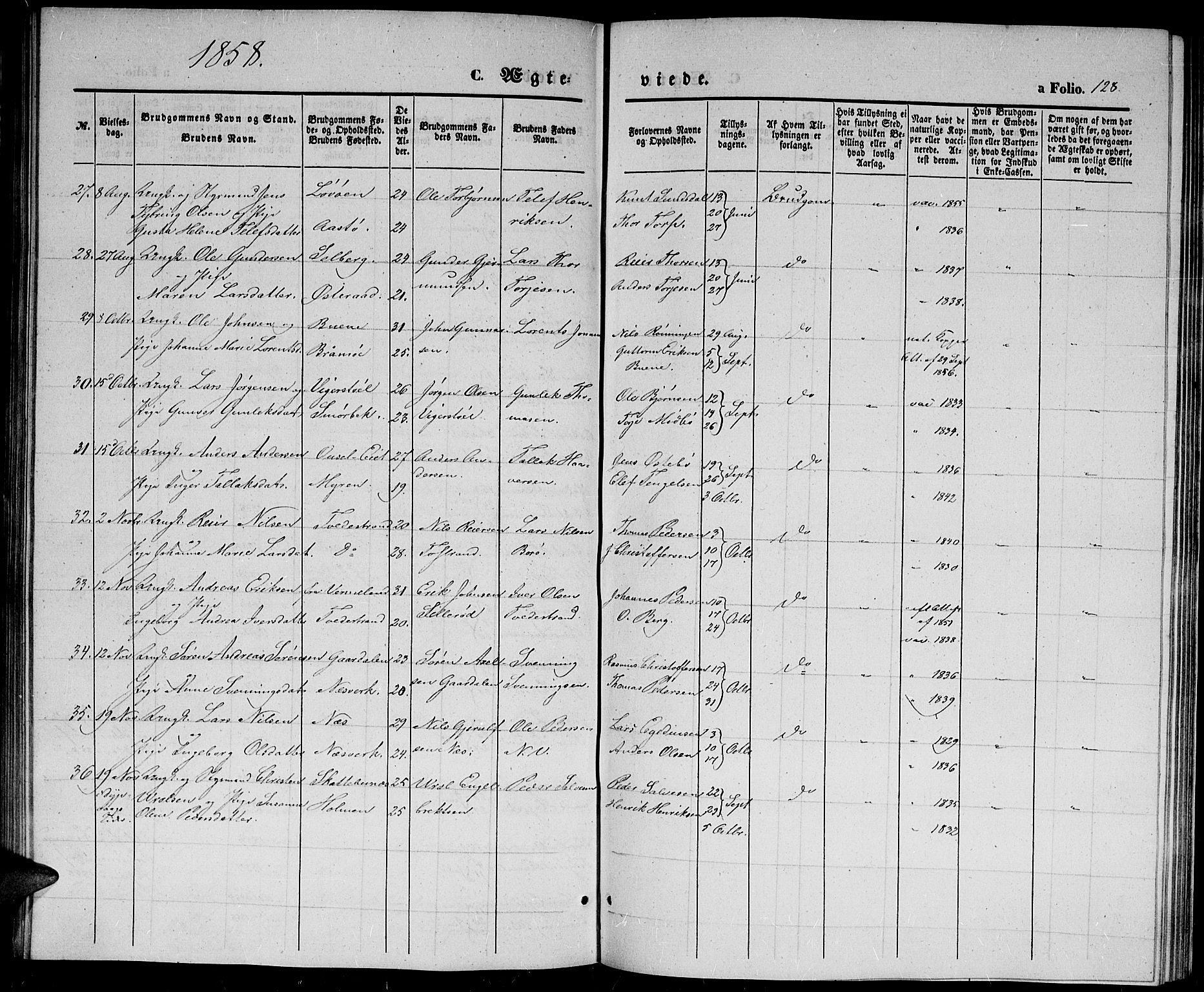 Holt sokneprestkontor, AV/SAK-1111-0021/F/Fb/L0007: Parish register (copy) no. B 7, 1849-1858, p. 128