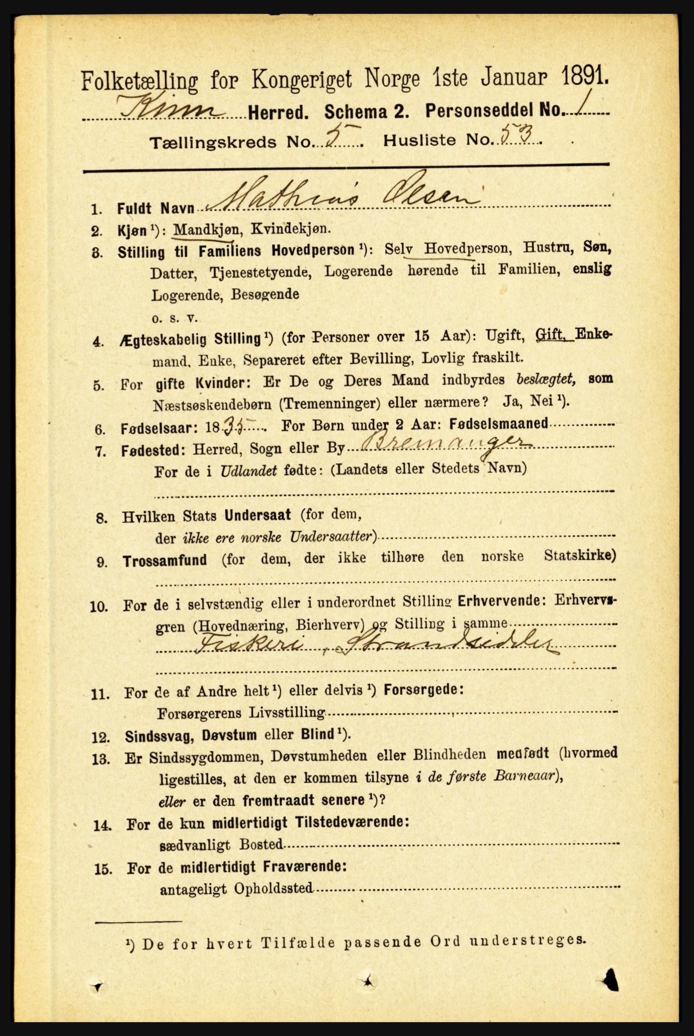 RA, 1891 census for 1437 Kinn, 1891, p. 2108