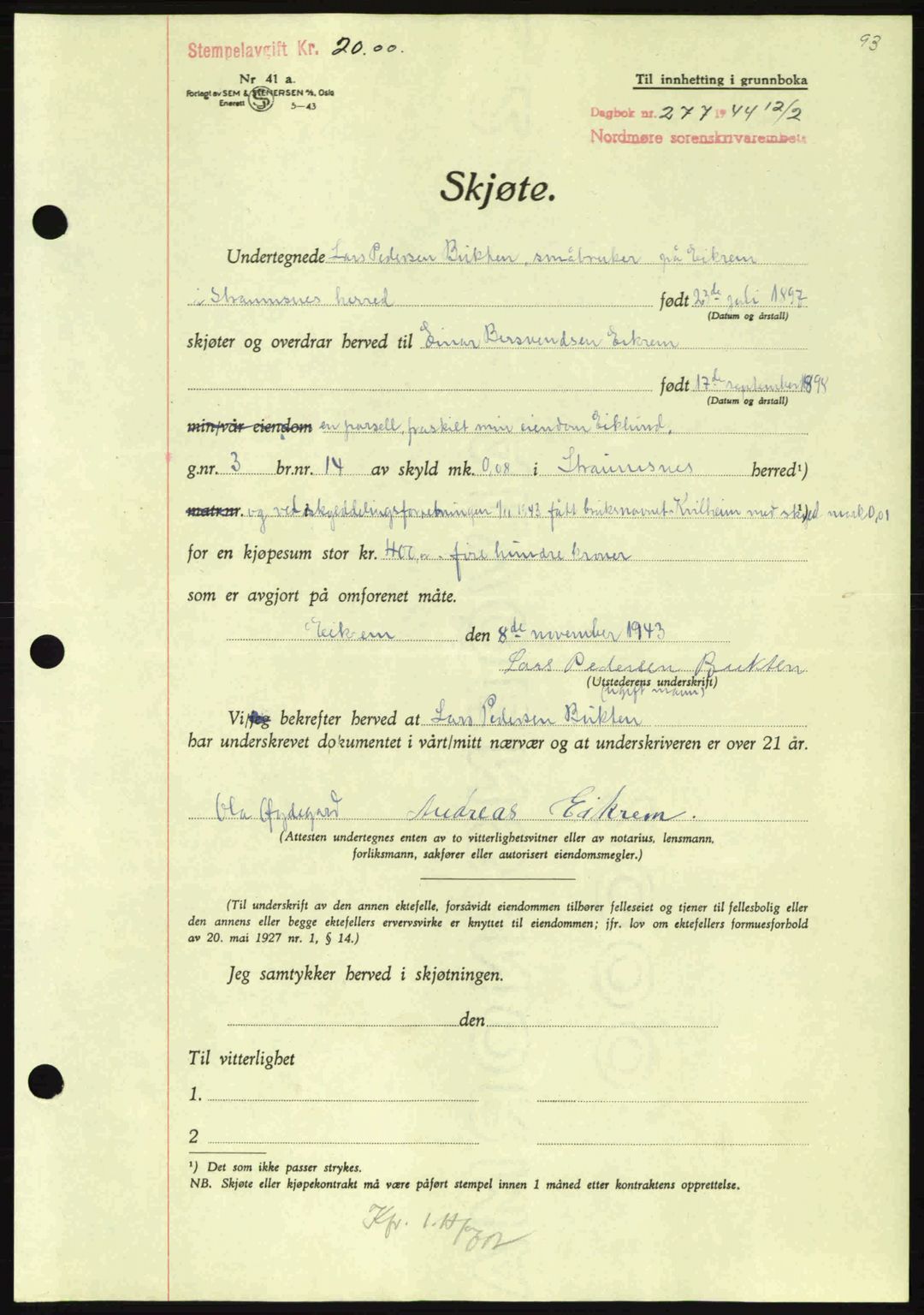 Nordmøre sorenskriveri, AV/SAT-A-4132/1/2/2Ca: Mortgage book no. A97, 1944-1944, Diary no: : 277/1944