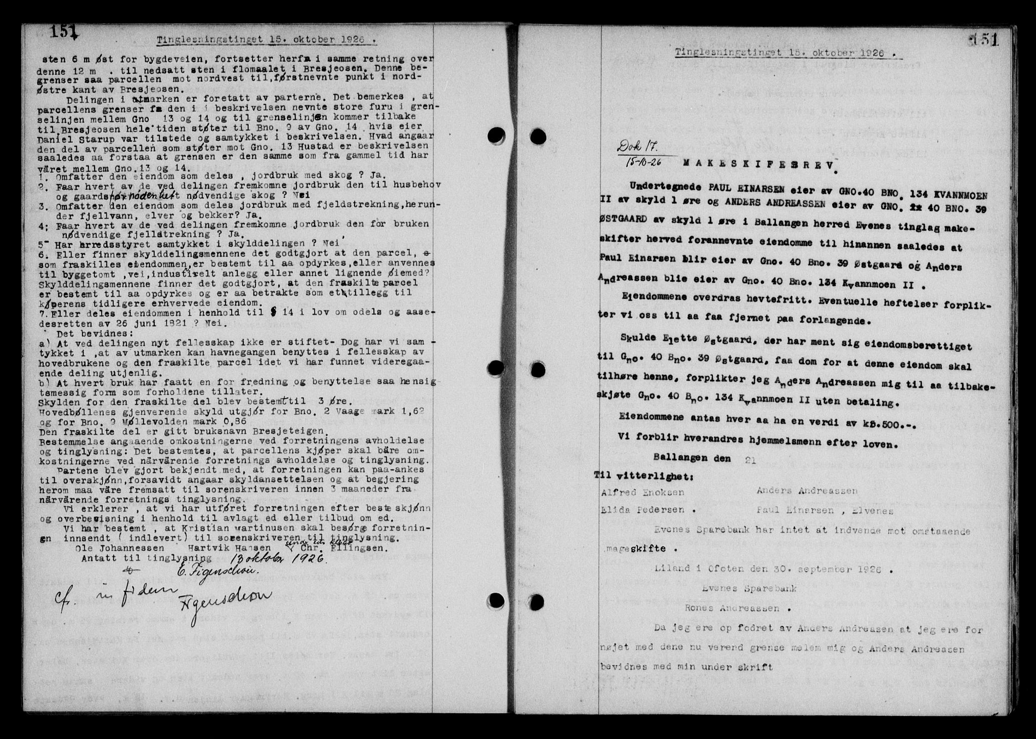 Steigen og Ofoten sorenskriveri, SAT/A-0030/1/2/2C/L0014: Mortgage book no. 13 og 15, 1926-1927, Deed date: 15.10.1926
