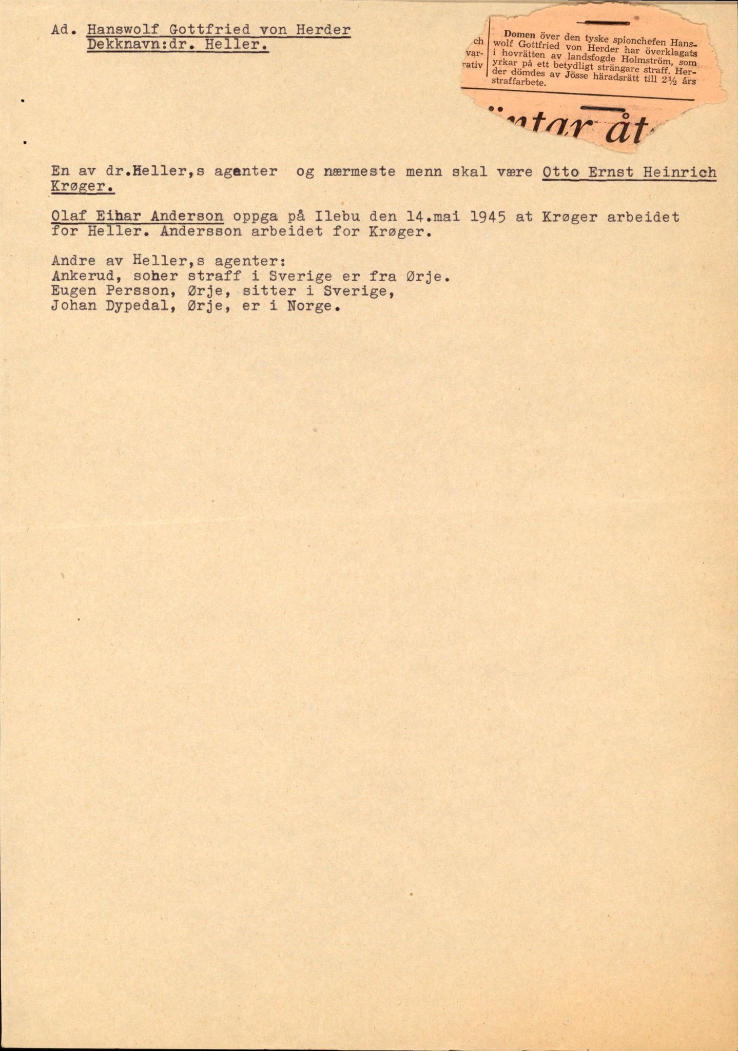 Forsvaret, Forsvarets overkommando II, AV/RA-RAFA-3915/D/Db/L0013: CI Questionaires. Tyske okkupasjonsstyrker i Norge. Tyskere., 1945-1946, p. 22