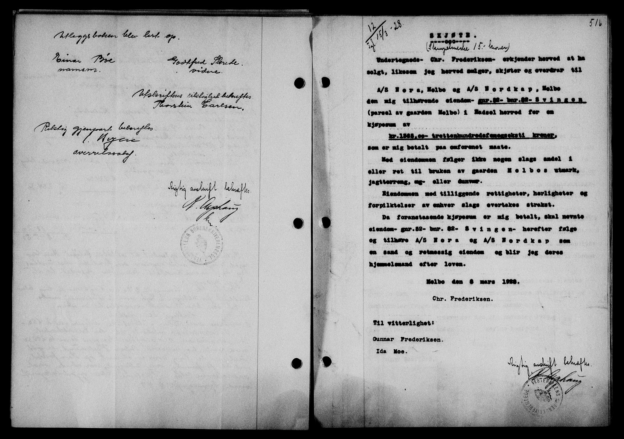 Vesterålen sorenskriveri, AV/SAT-A-4180/1/2/2Ca/L0045: Mortgage book no. 38, 1927-1928, Deed date: 15.03.1928