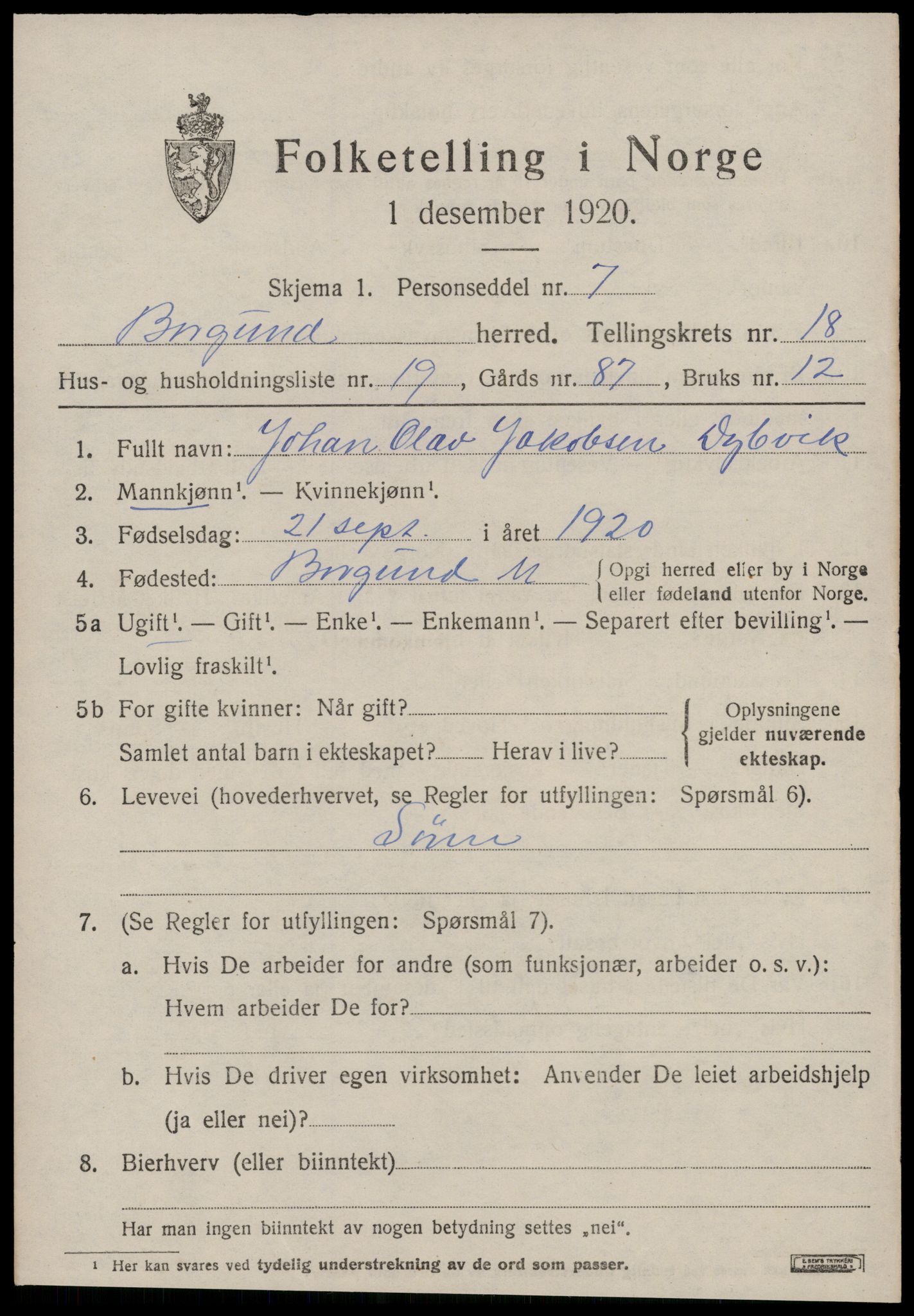 SAT, 1920 census for Borgund, 1920, p. 13270