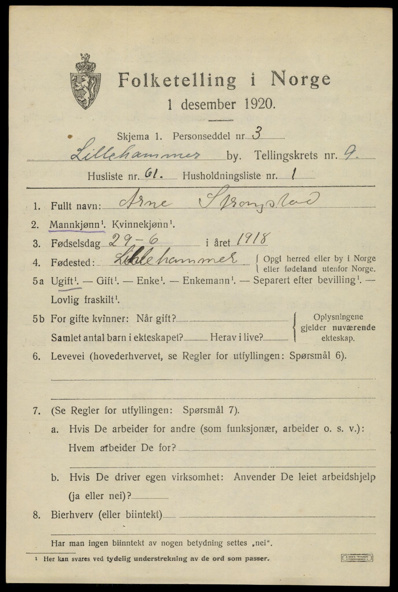 SAH, 1920 census for Lillehammer, 1920, p. 12524