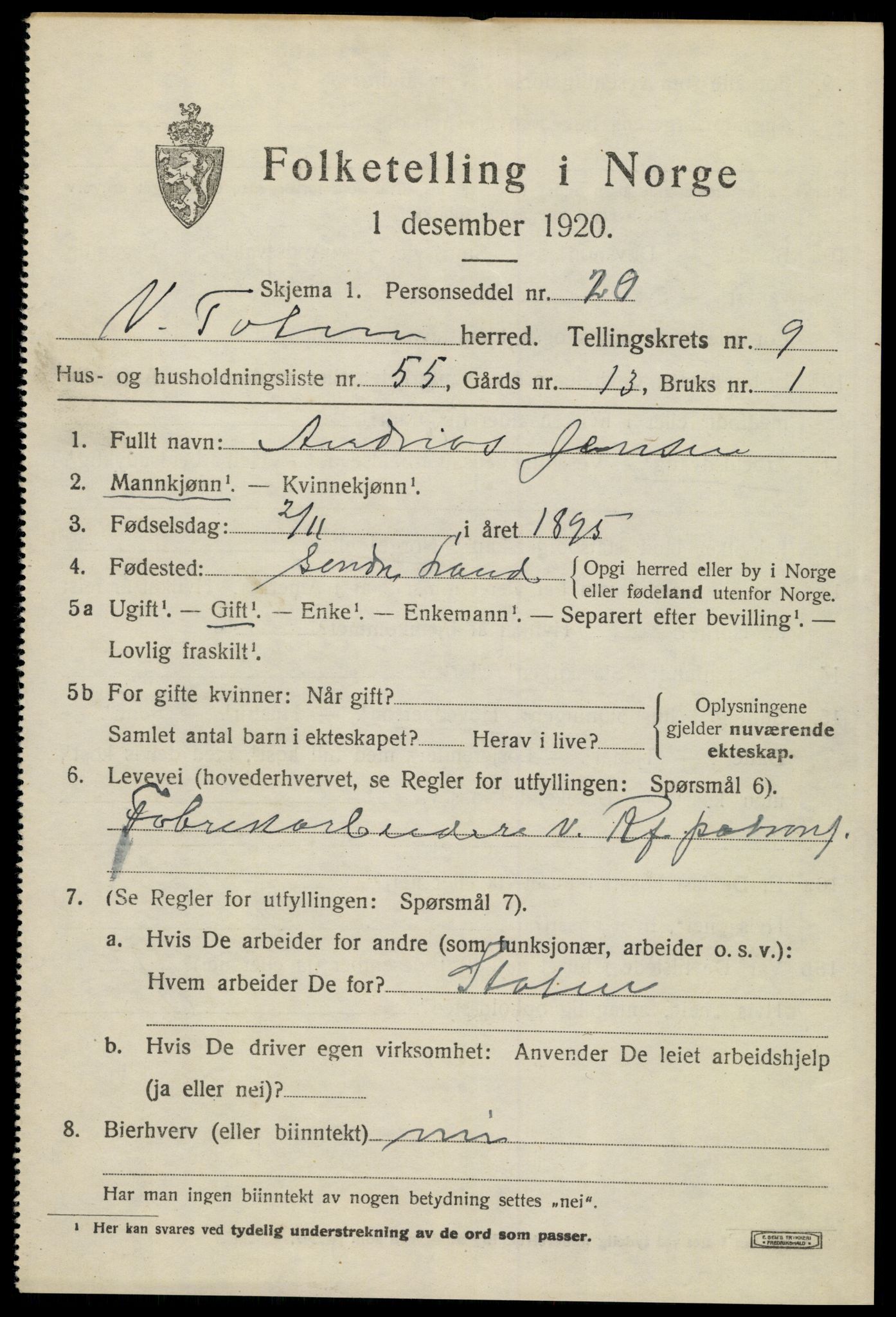 SAH, 1920 census for Vestre Toten, 1920, p. 12124