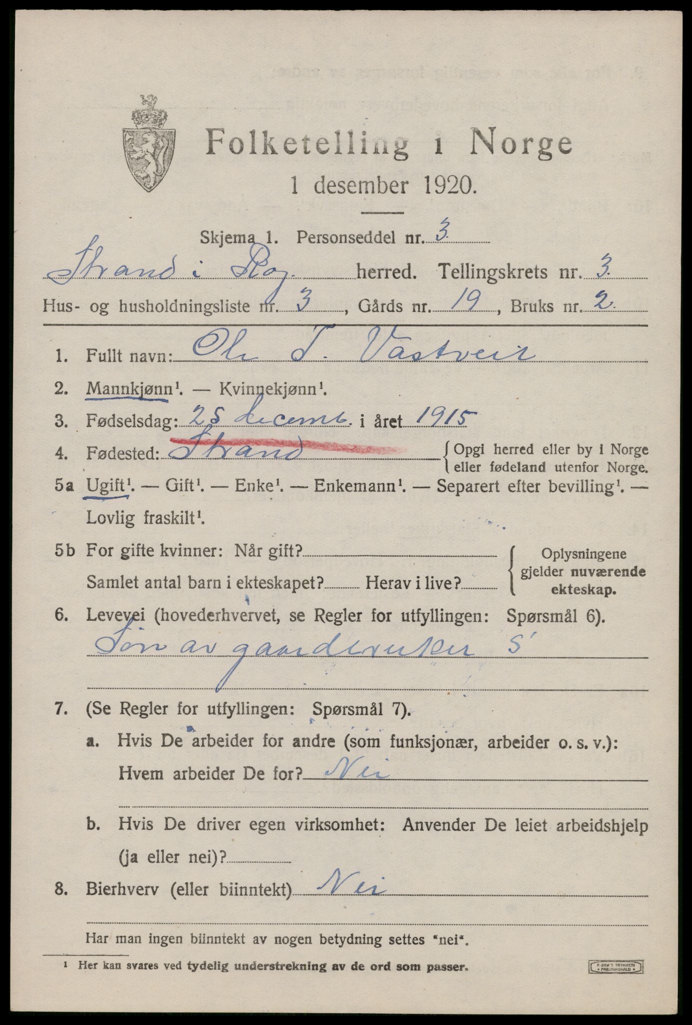 SAST, 1920 census for Strand, 1920, p. 2332