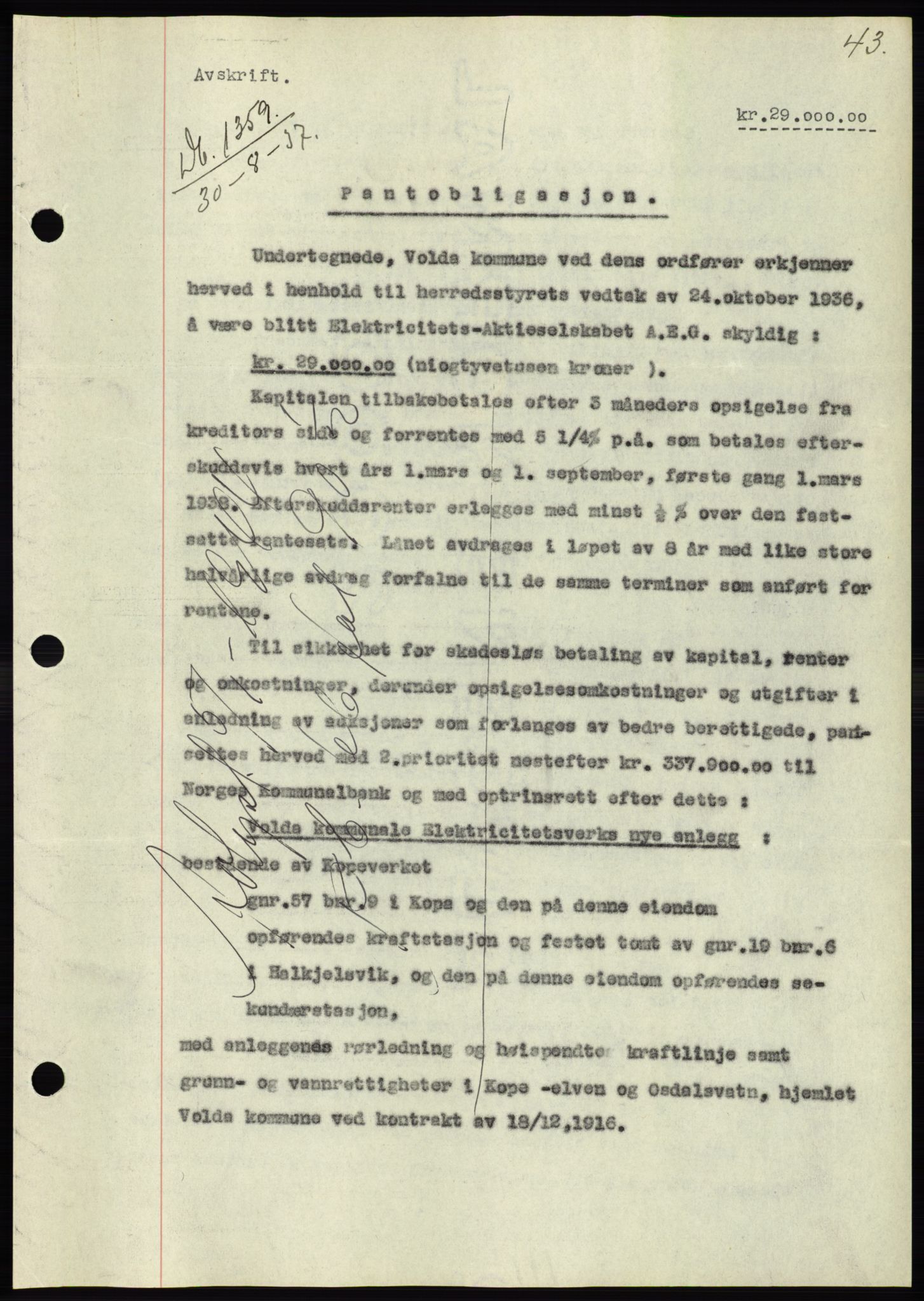 Søre Sunnmøre sorenskriveri, AV/SAT-A-4122/1/2/2C/L0064: Mortgage book no. 58, 1937-1938, Diary no: : 1359/1937