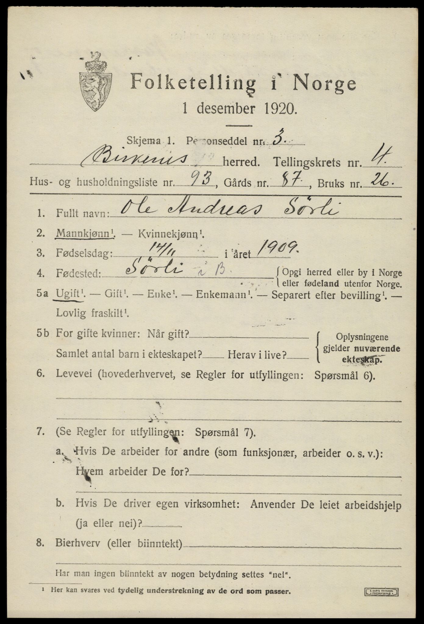 SAK, 1920 census for Birkenes, 1920, p. 3009