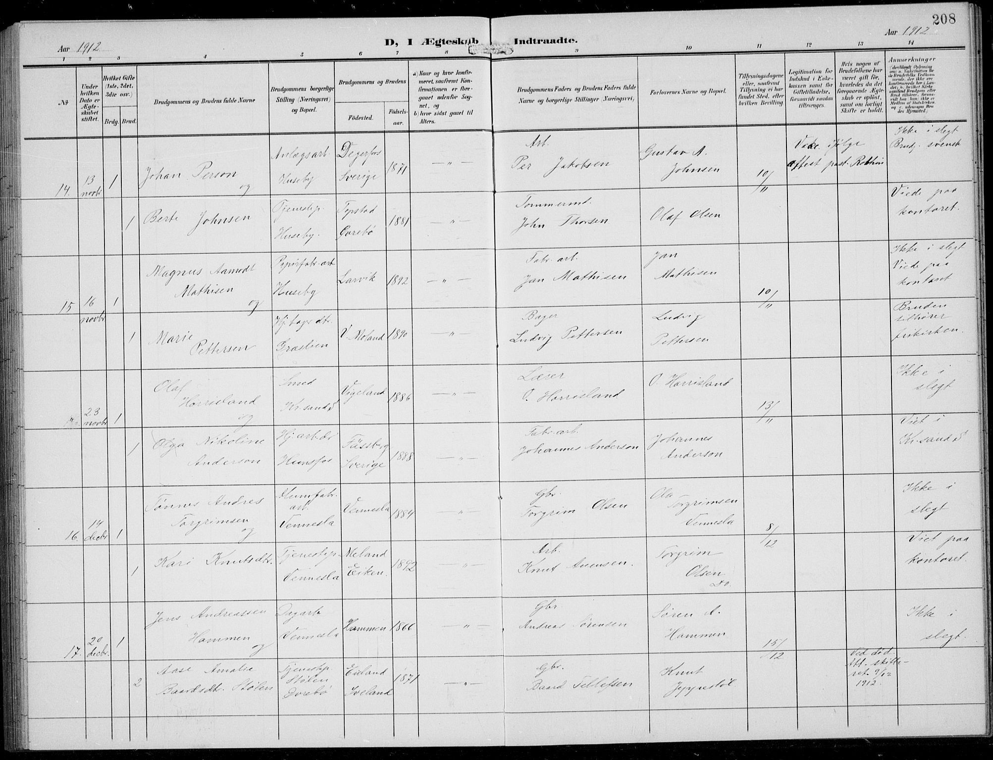 Vennesla sokneprestkontor, AV/SAK-1111-0045/Fb/Fbb/L0005: Parish register (copy) no. B 5, 1903-1913, p. 208