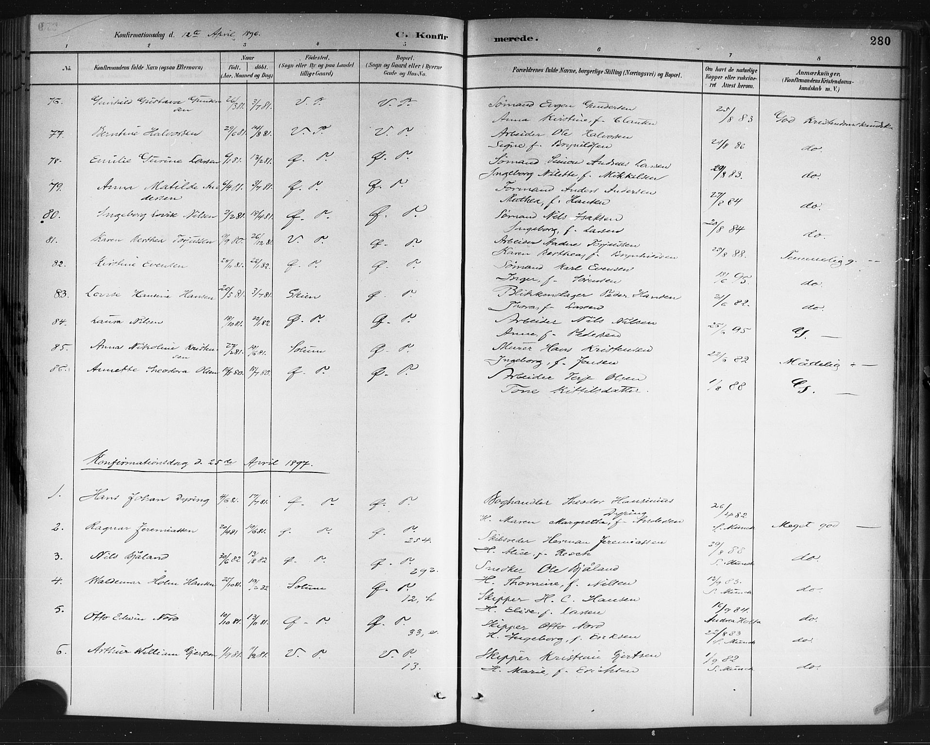 Porsgrunn kirkebøker , SAKO/A-104/G/Gb/L0005: Parish register (copy) no. II 5, 1883-1915, p. 280