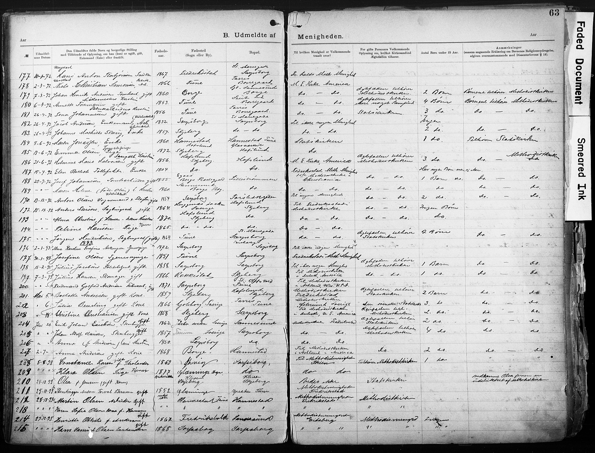 Sarpsborg metodistkirke, SAO/PAO-0233/A/L0004: Dissenter register no. 4, 1892-1923, p. 63