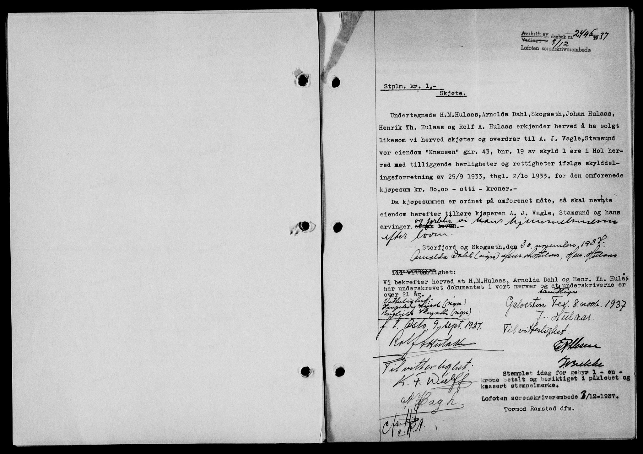 Lofoten sorenskriveri, SAT/A-0017/1/2/2C/L0003a: Mortgage book no. 3a, 1937-1938, Diary no: : 2495/1937