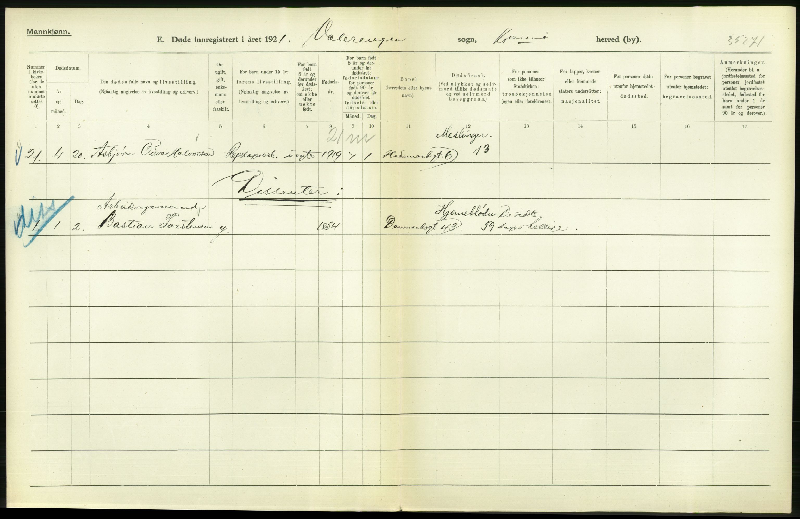 Statistisk sentralbyrå, Sosiodemografiske emner, Befolkning, AV/RA-S-2228/D/Df/Dfc/Dfca/L0013: Kristiania: Døde, dødfødte, 1921, p. 272