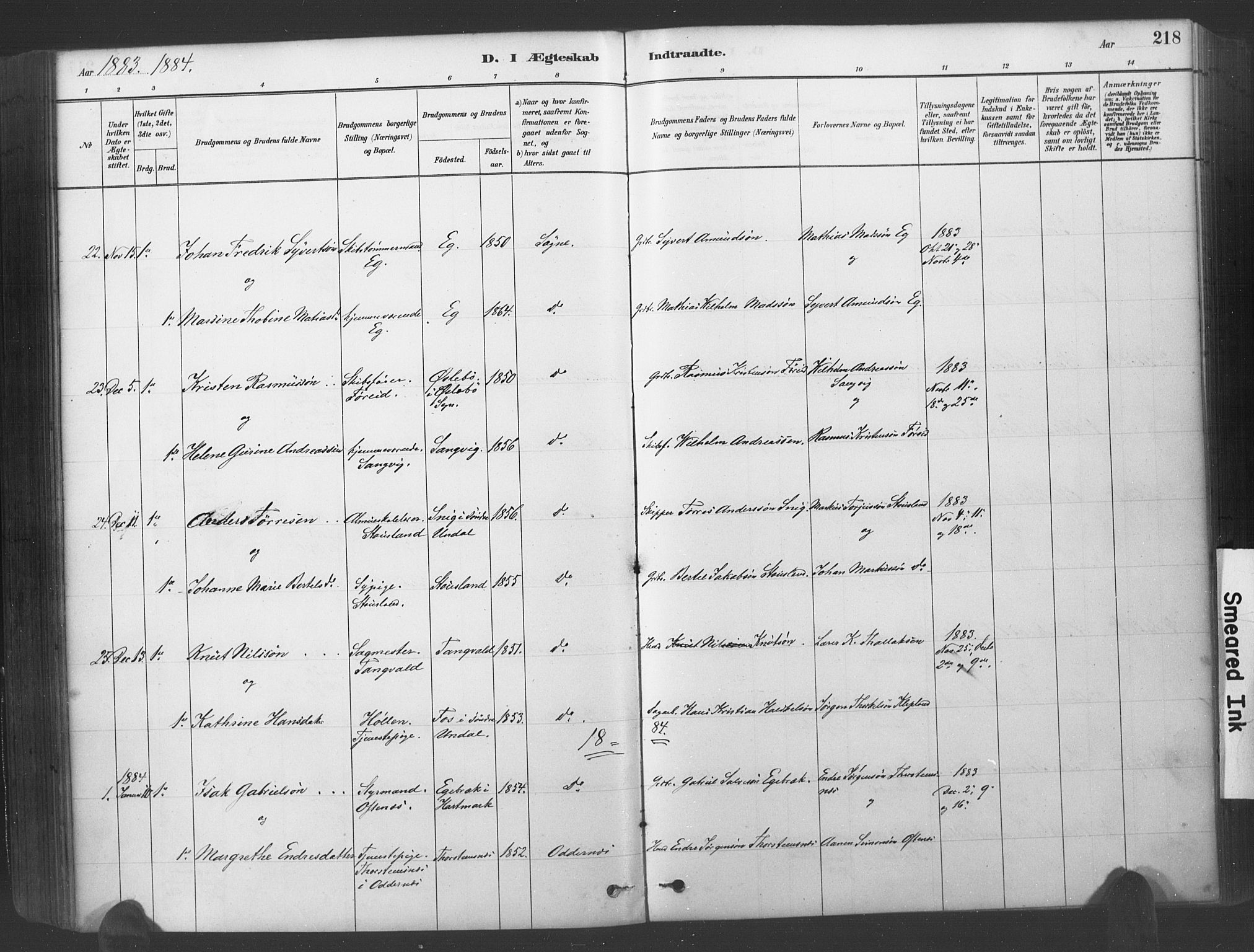 Søgne sokneprestkontor, SAK/1111-0037/F/Fa/Fab/L0012: Parish register (official) no. A 12, 1880-1891, p. 218