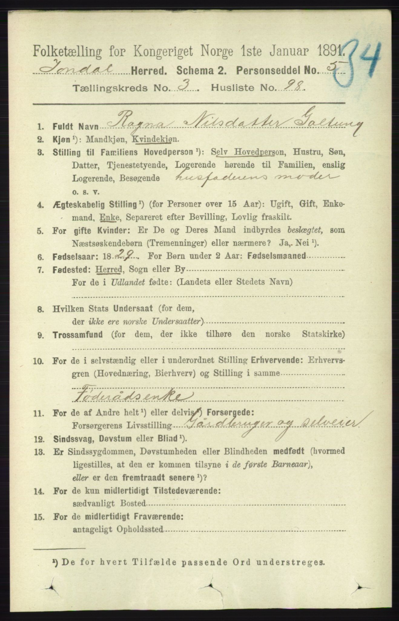 RA, 1891 census for 1227 Jondal, 1891, p. 1901