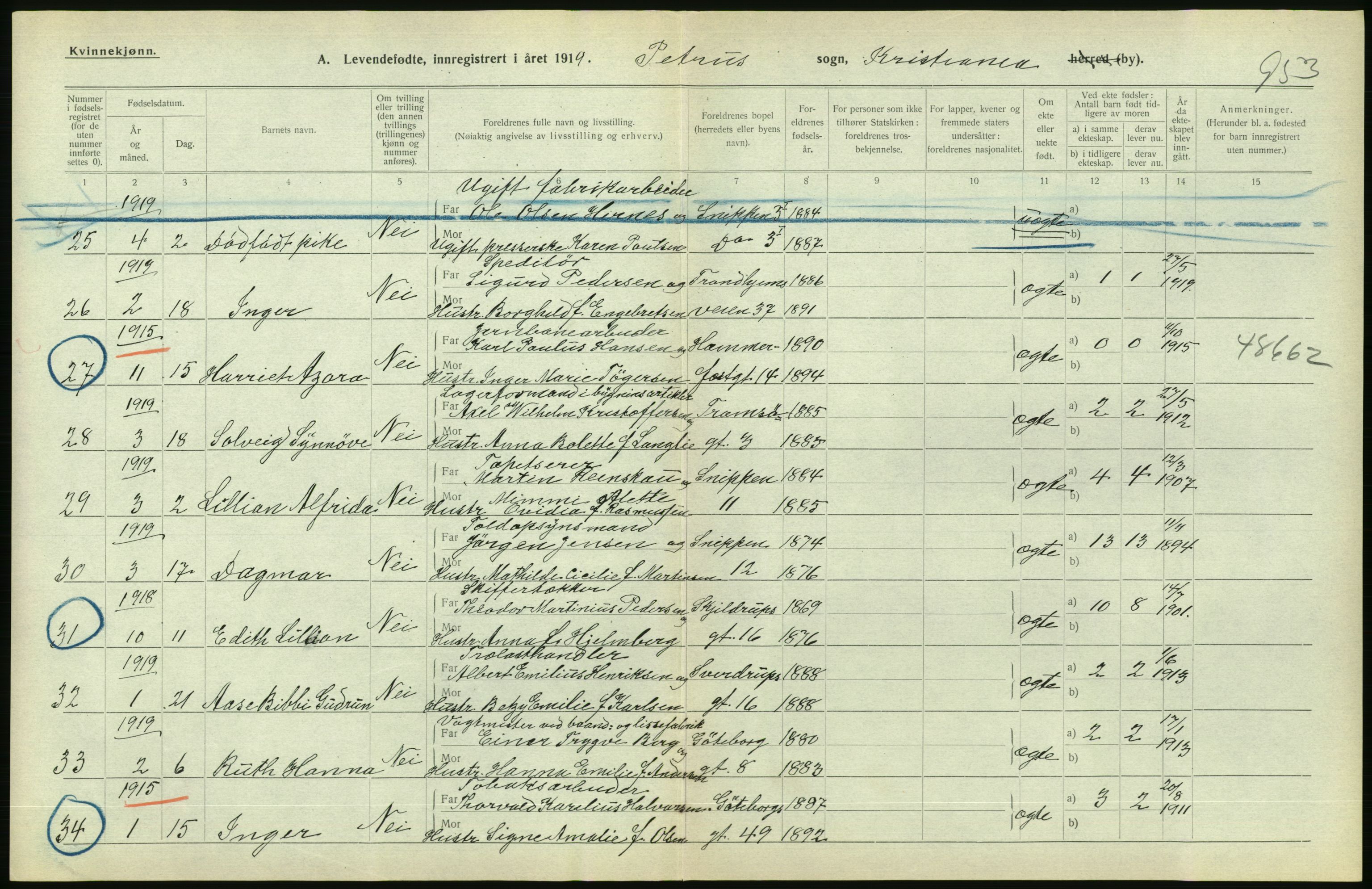 Statistisk sentralbyrå, Sosiodemografiske emner, Befolkning, AV/RA-S-2228/D/Df/Dfb/Dfbi/L0008: Kristiania: Levendefødte menn og kvinner., 1919