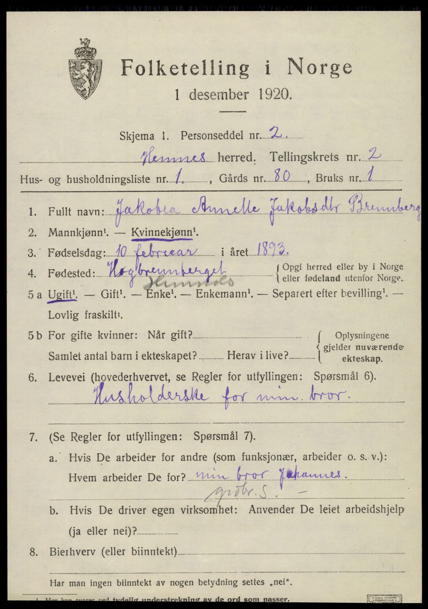 SAT, 1920 census for Hemnes, 1920, p. 3734