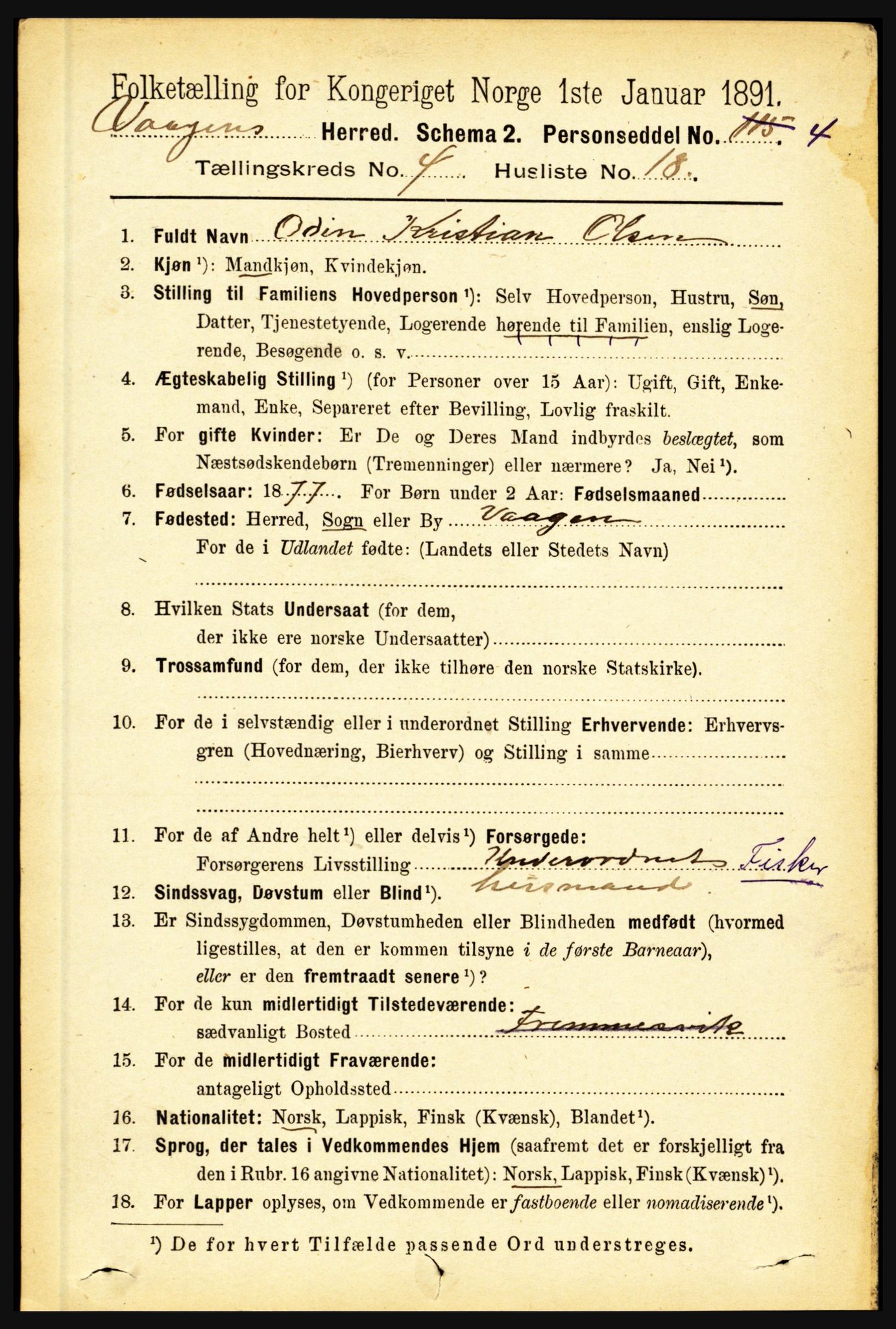 RA, 1891 census for 1865 Vågan, 1891, p. 1051