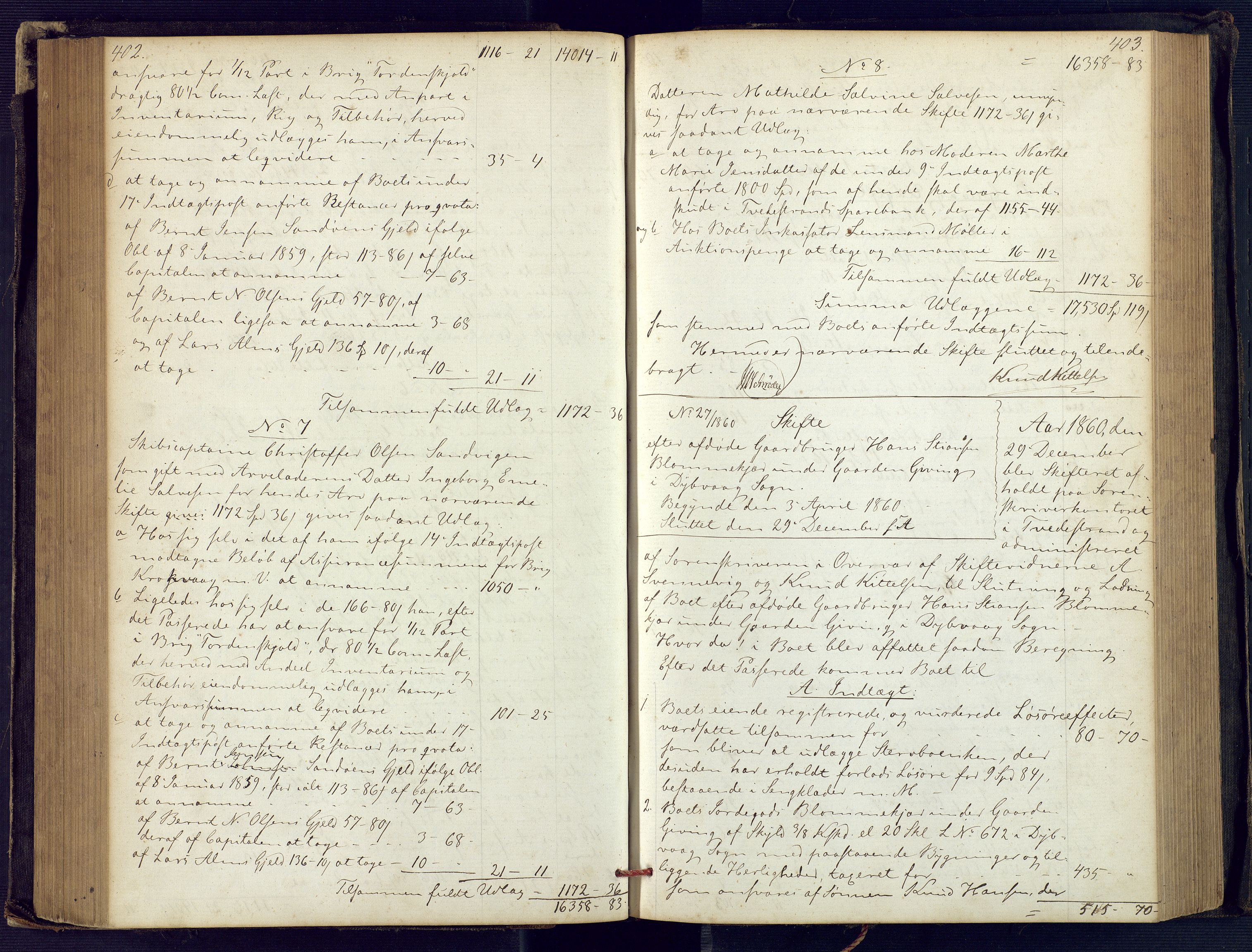 Holt sorenskriveri, SAK/1221-0002/H/Hc/L0029: Skifteutlodningsprotokoll nr. 4 med løst register, 1857-1862, p. 402-403