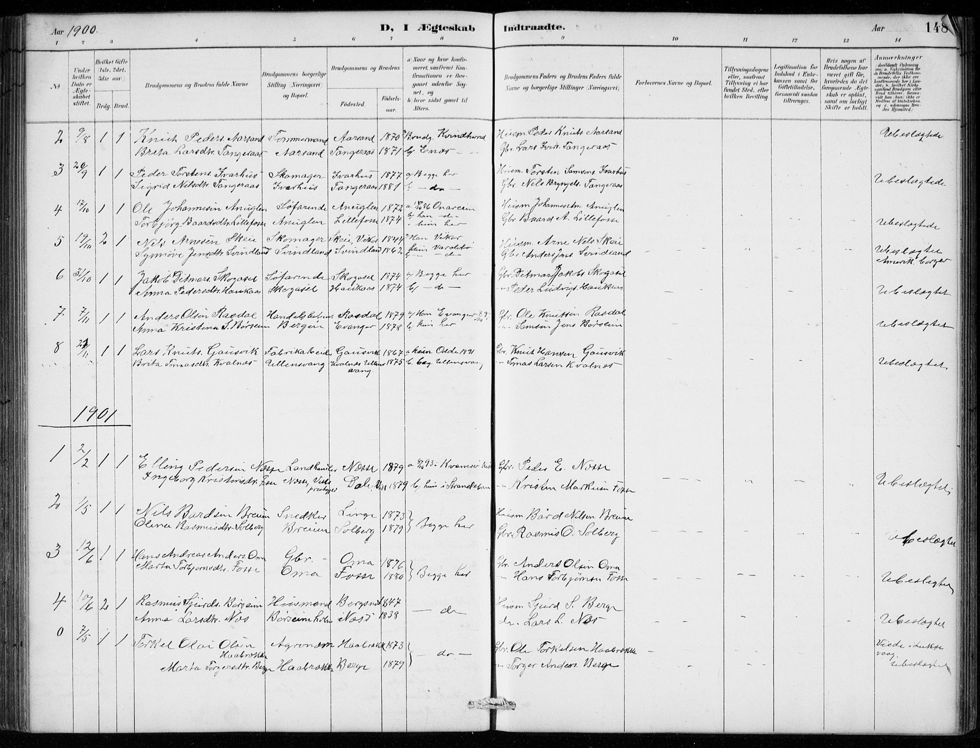 Strandebarm sokneprestembete, AV/SAB-A-78401/H/Hab: Parish register (copy) no. B  1, 1891-1914, p. 148