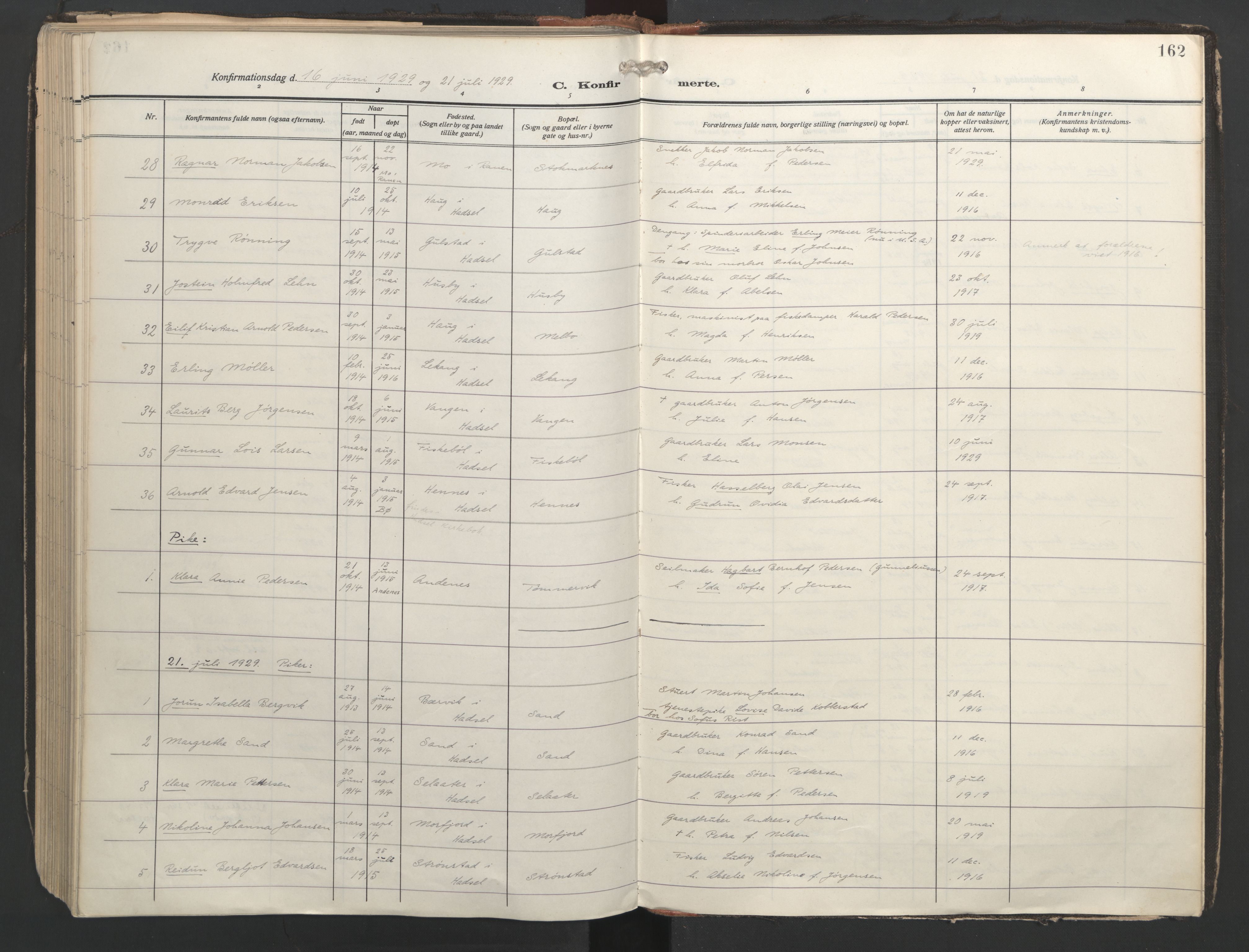 Ministerialprotokoller, klokkerbøker og fødselsregistre - Nordland, SAT/A-1459/888/L1249: Parish register (official) no. 888A15, 1911-1929, p. 162