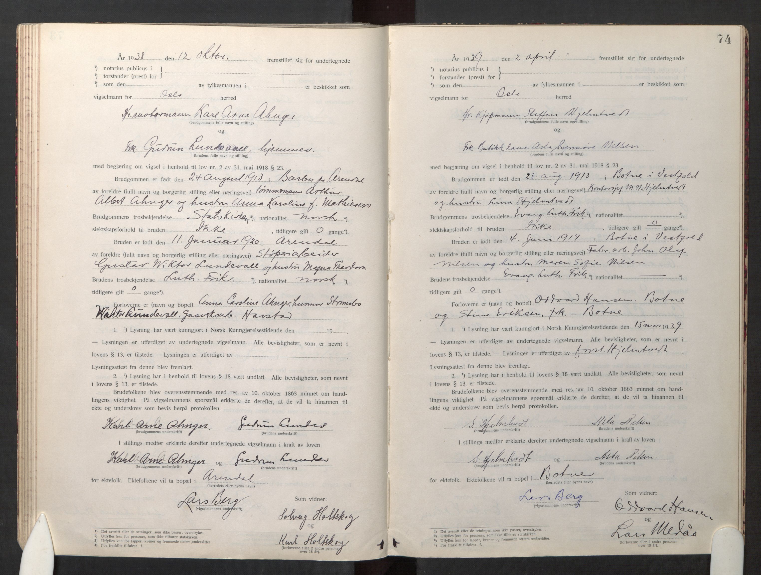 Den evangelisk-lutherske frikirke østre menighet, Oslo, SAO/PAO-0245/F/L0005: Marriage register (dissenter) no. 5, 1920-1941, p. 74