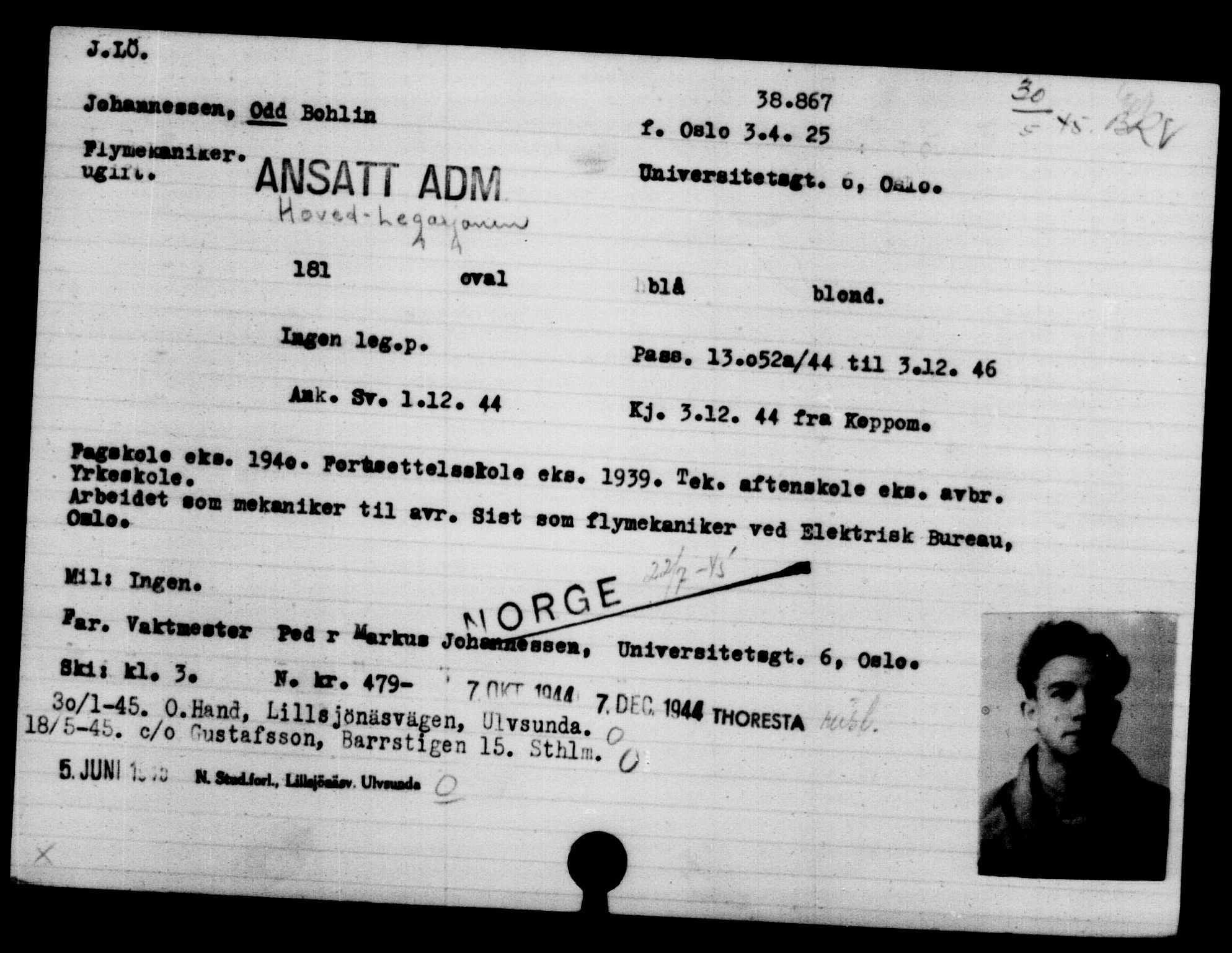 Utenriksstasjonene, Legasjonen i Stockholm, Flyktningkontoret, AV/RA-S-6753/V/Va/L0015: Kjesäterkartoteket, flyktninger med registreringsnr. 37800-40770, 1940-1945, p. 1096