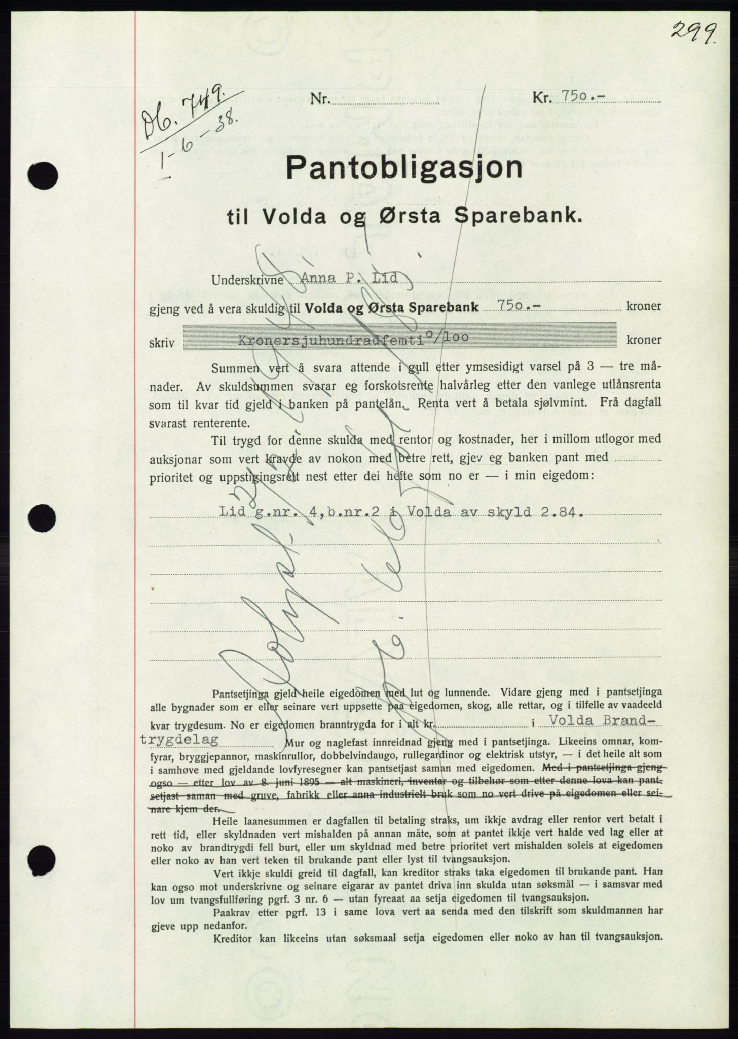 Søre Sunnmøre sorenskriveri, AV/SAT-A-4122/1/2/2C/L0065: Mortgage book no. 59, 1938-1938, Diary no: : 749/1938