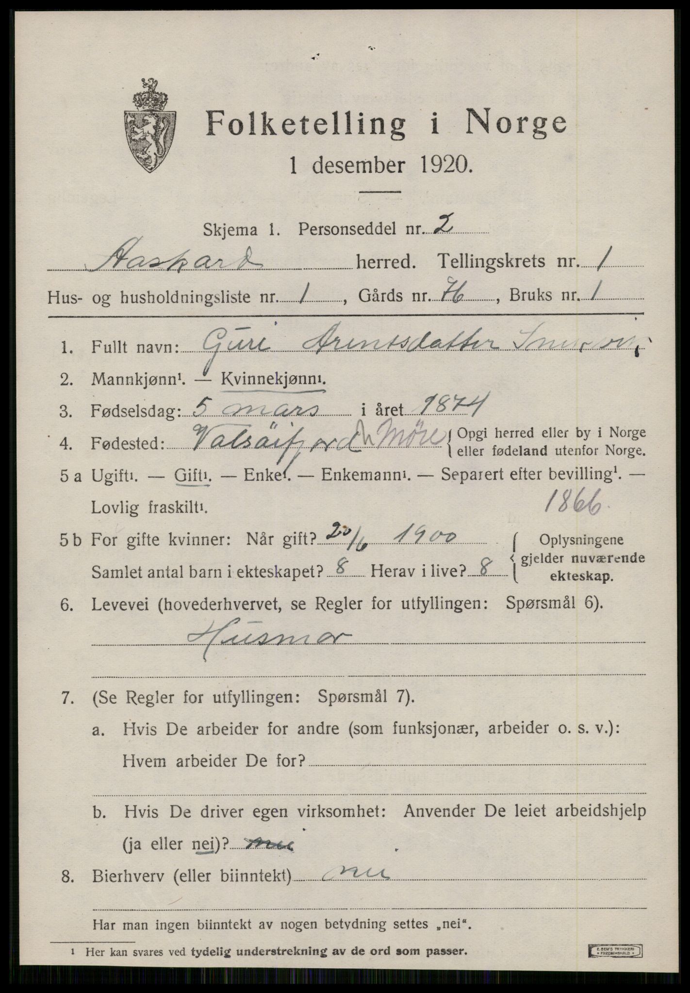 SAT, 1920 census for Åsskard, 1920, p. 313