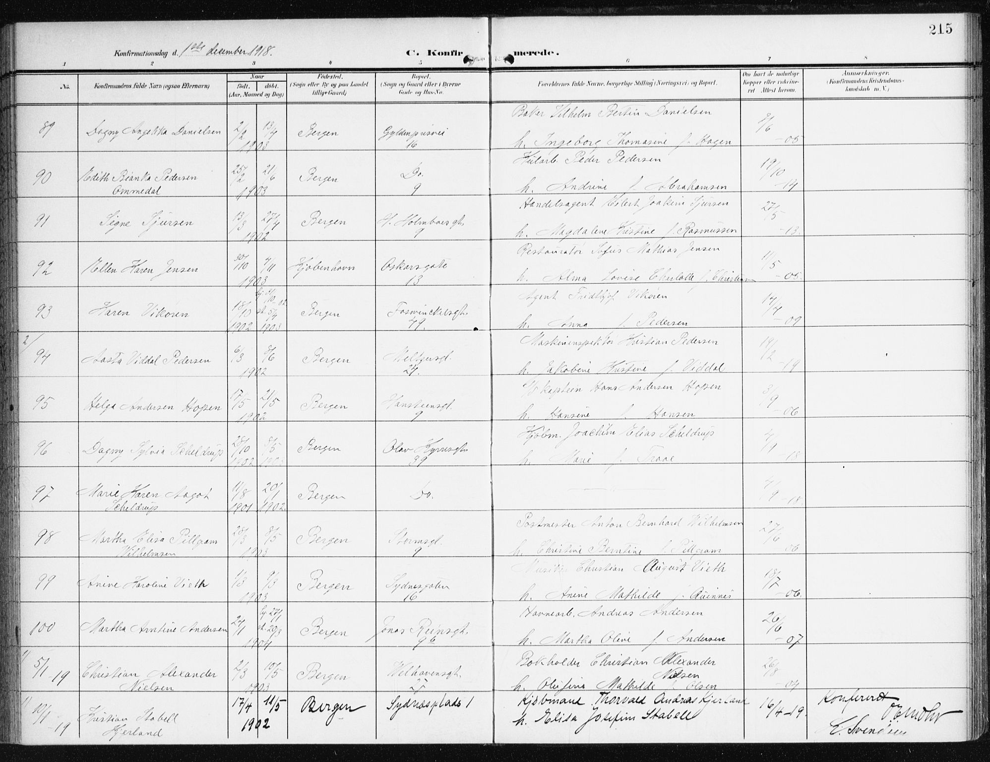 Johanneskirken sokneprestembete, AV/SAB-A-76001/H/Haa/L0009: Parish register (official) no. C 2, 1907-1924, p. 215