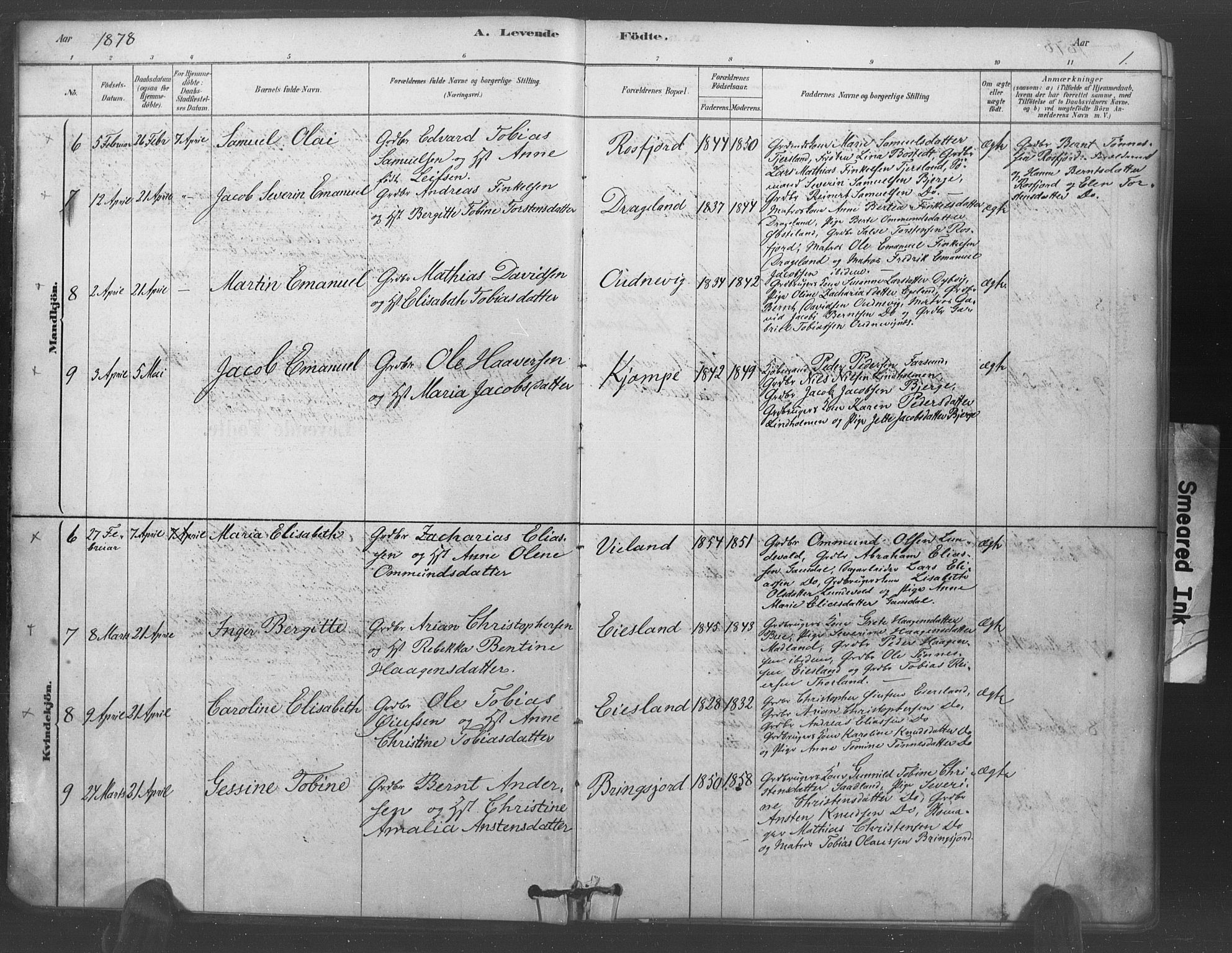 Lyngdal sokneprestkontor, SAK/1111-0029/F/Fa/Fac/L0011: Parish register (official) no. A 11, 1878-1893, p. 1